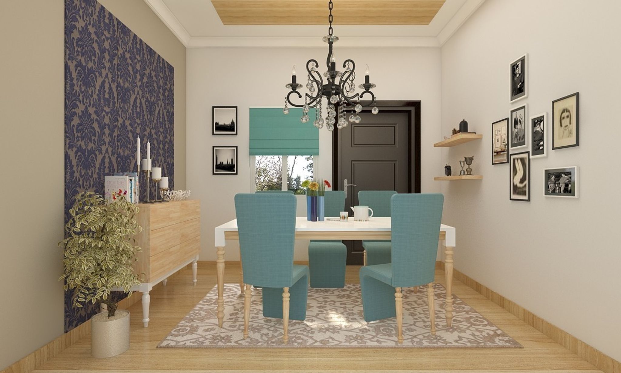 Classic White 6-Seater Dining Room Design With Blue Chairs | Livspace