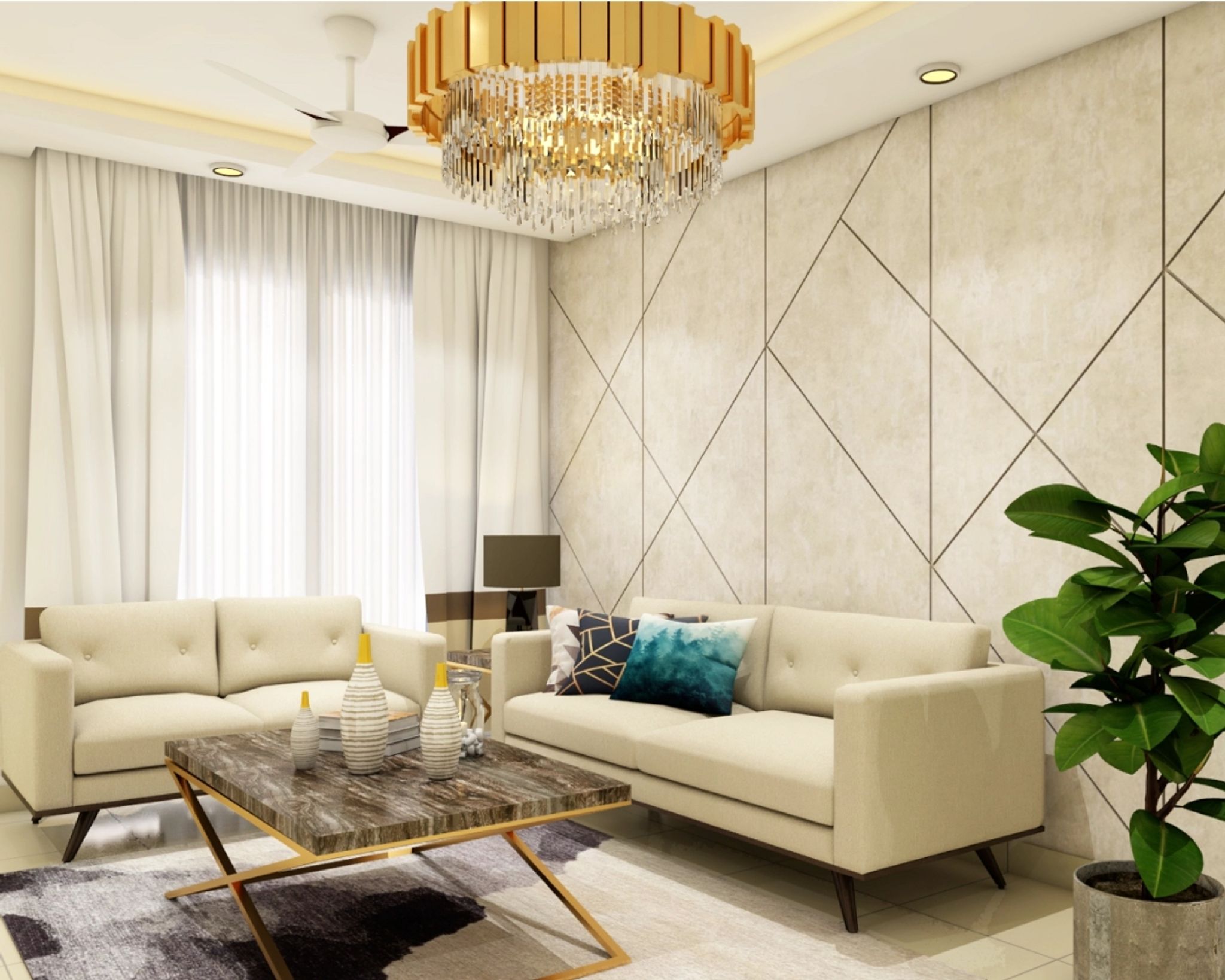 Spacious Cream-Coloured Modern Convenient Living Room Design | Livspace