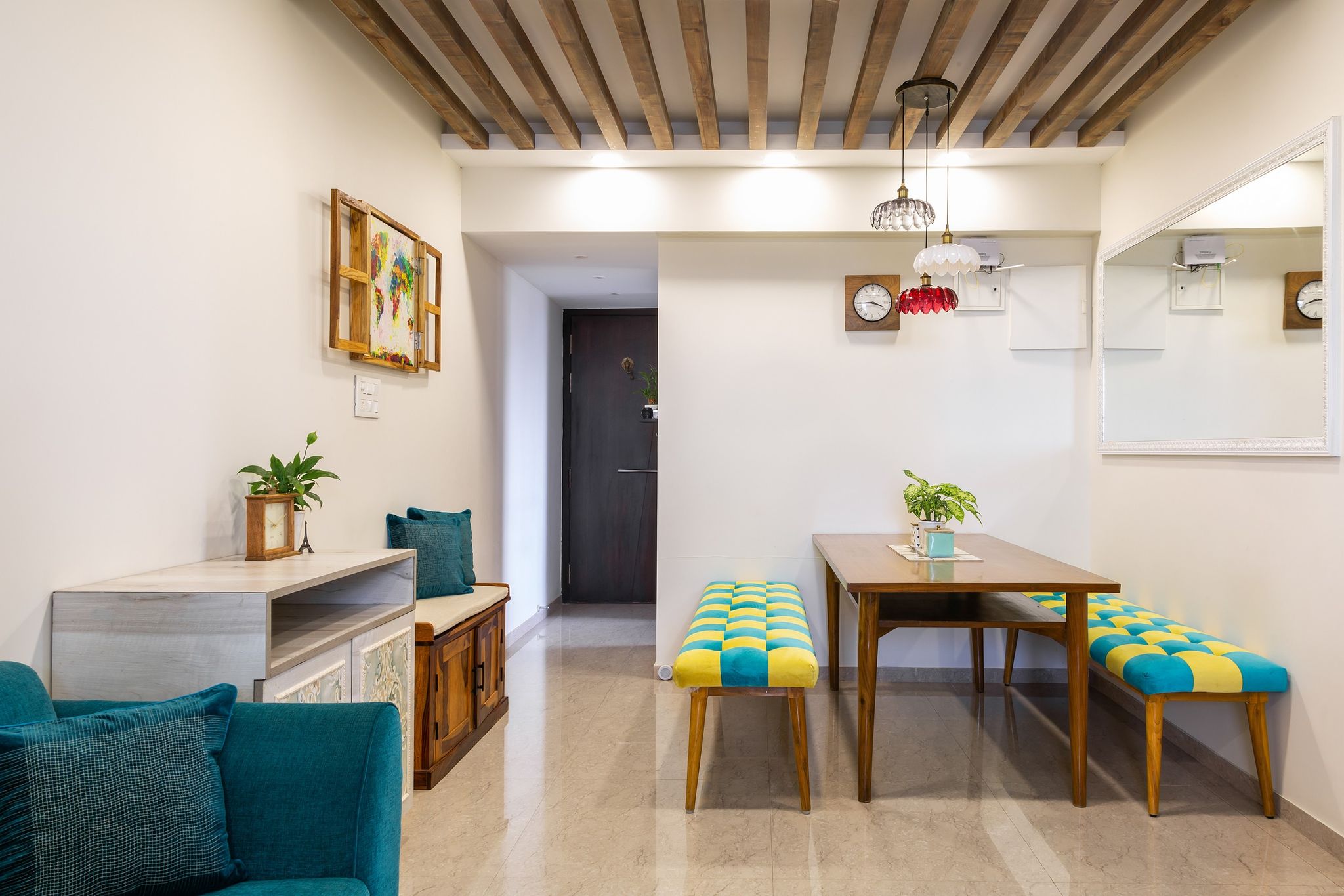 Traditional Natural Hardwood Rafter False Ceiling Design | Livspace