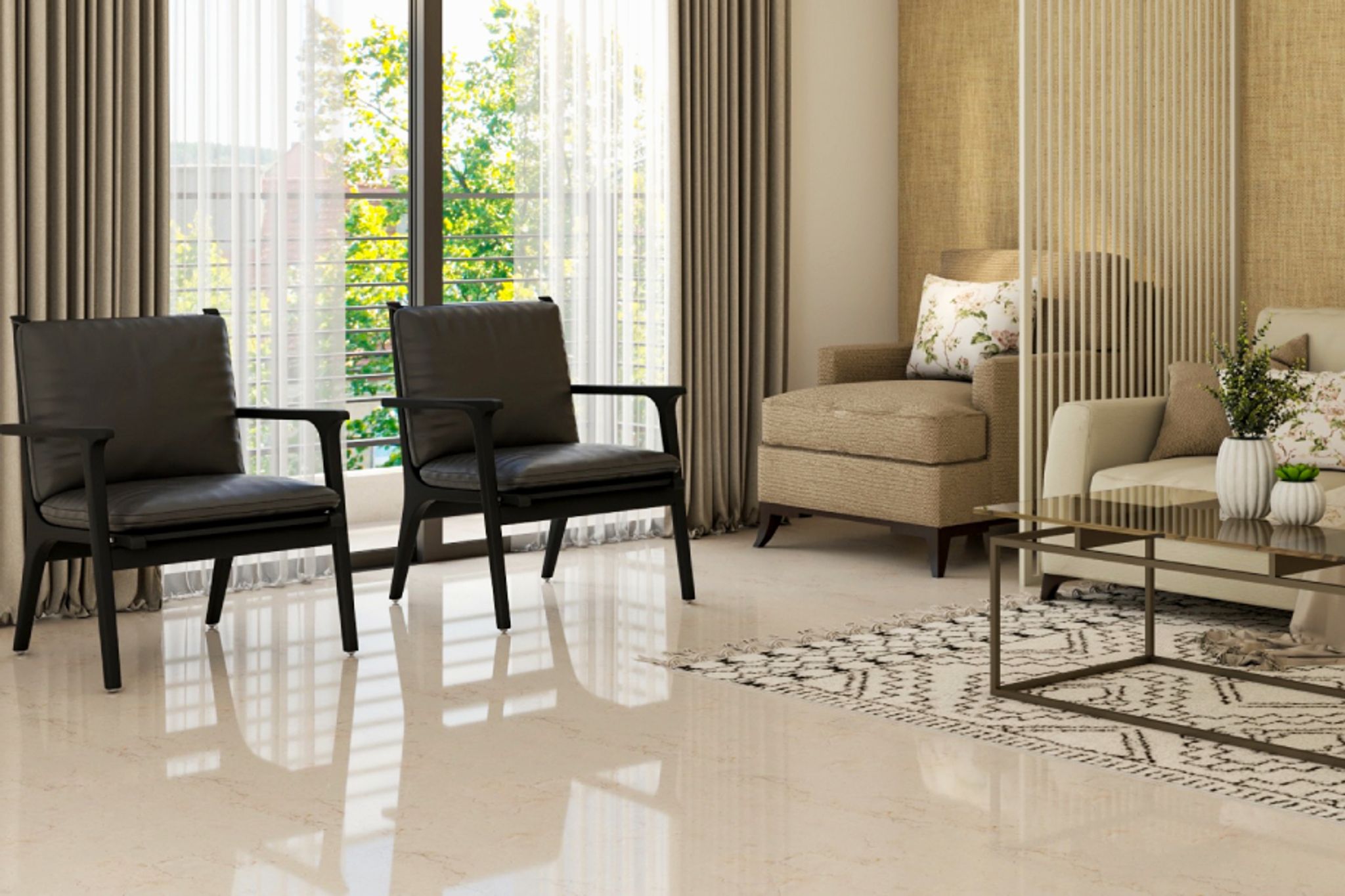 Glossy Beige Living Room Tile Design | Livspace