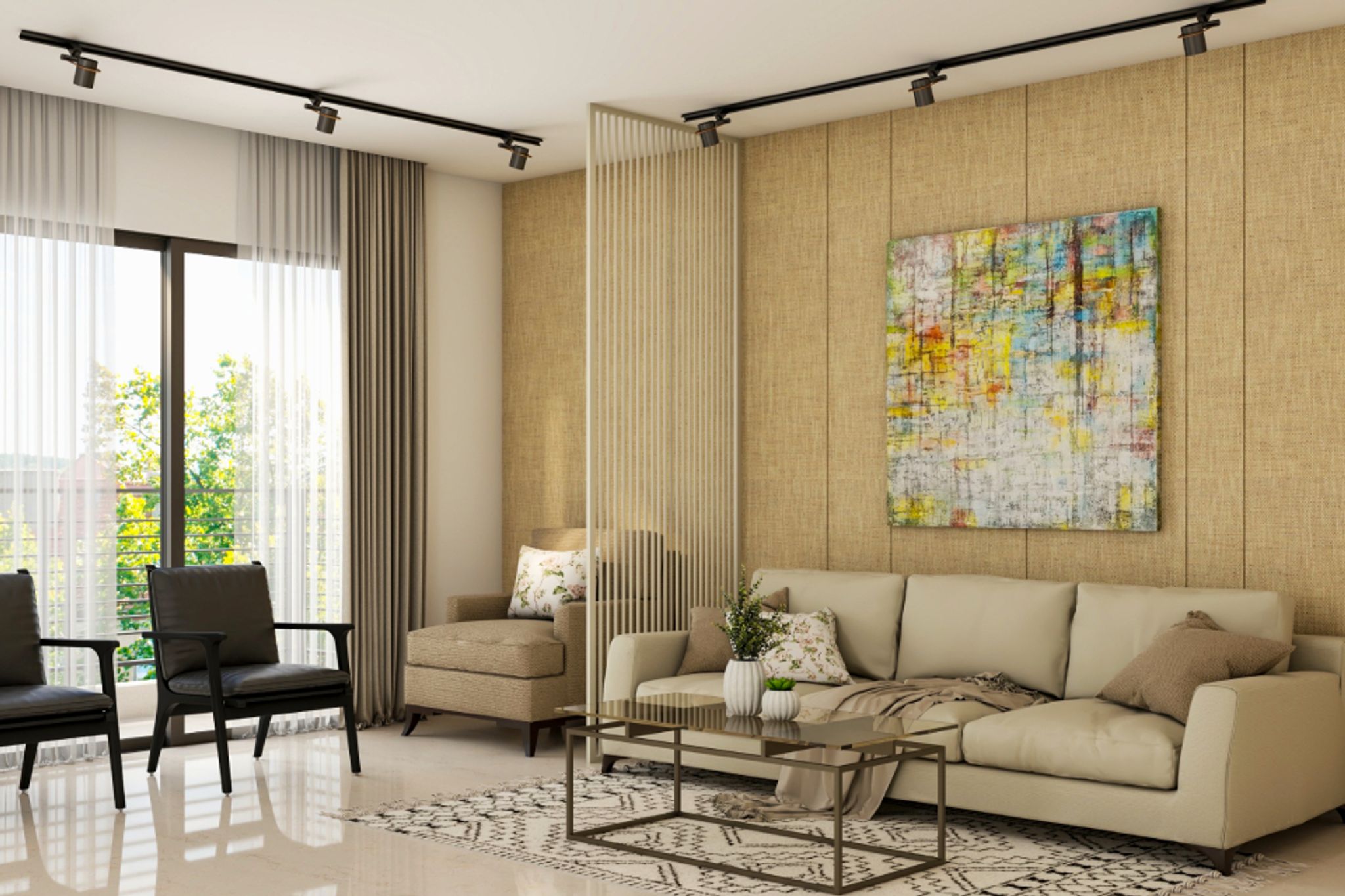 Beige Accent Wall Painting Design With Photo Frames | Livspace