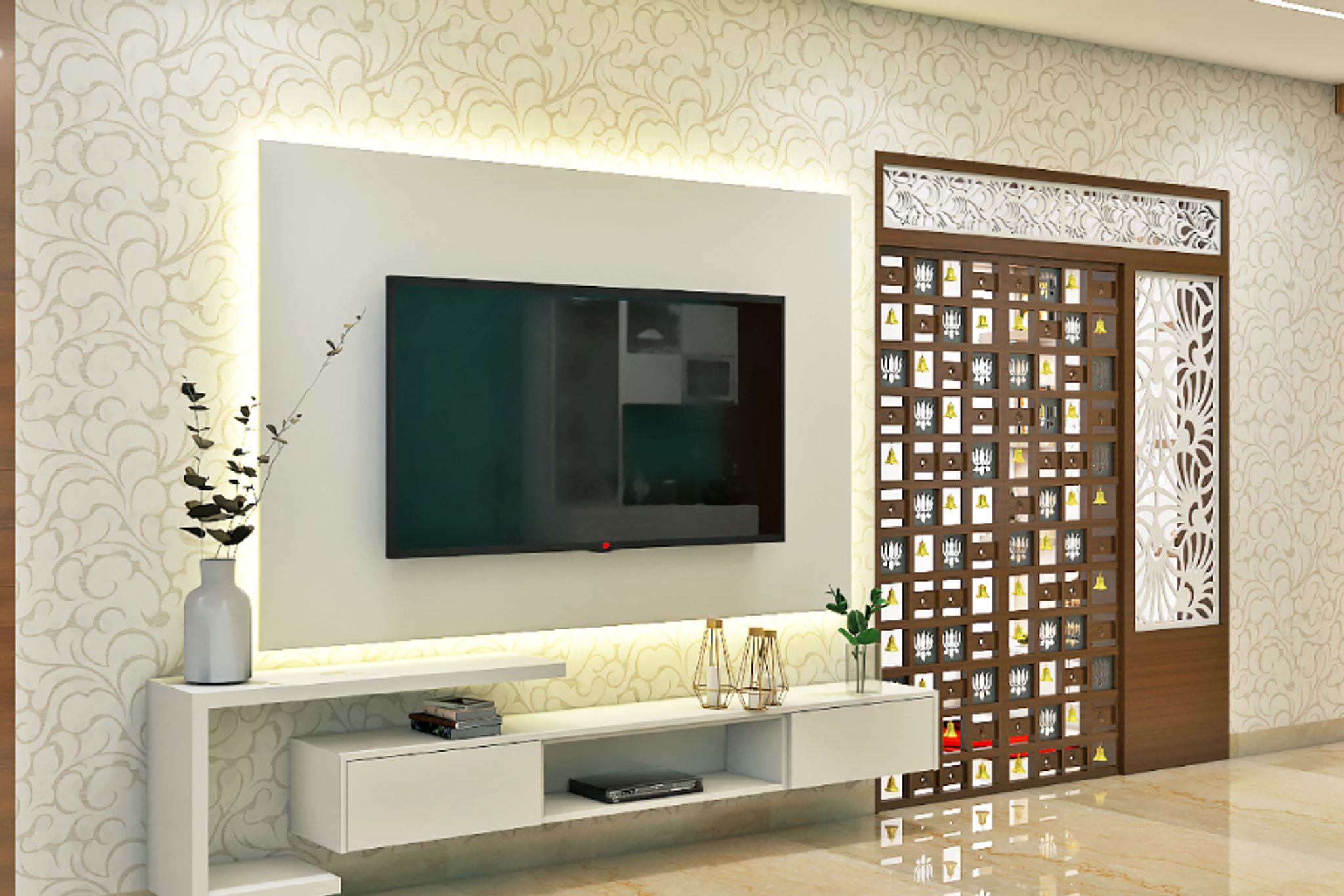 White Living Room Wallpaper Highlighted By Cove Lights | Livspace