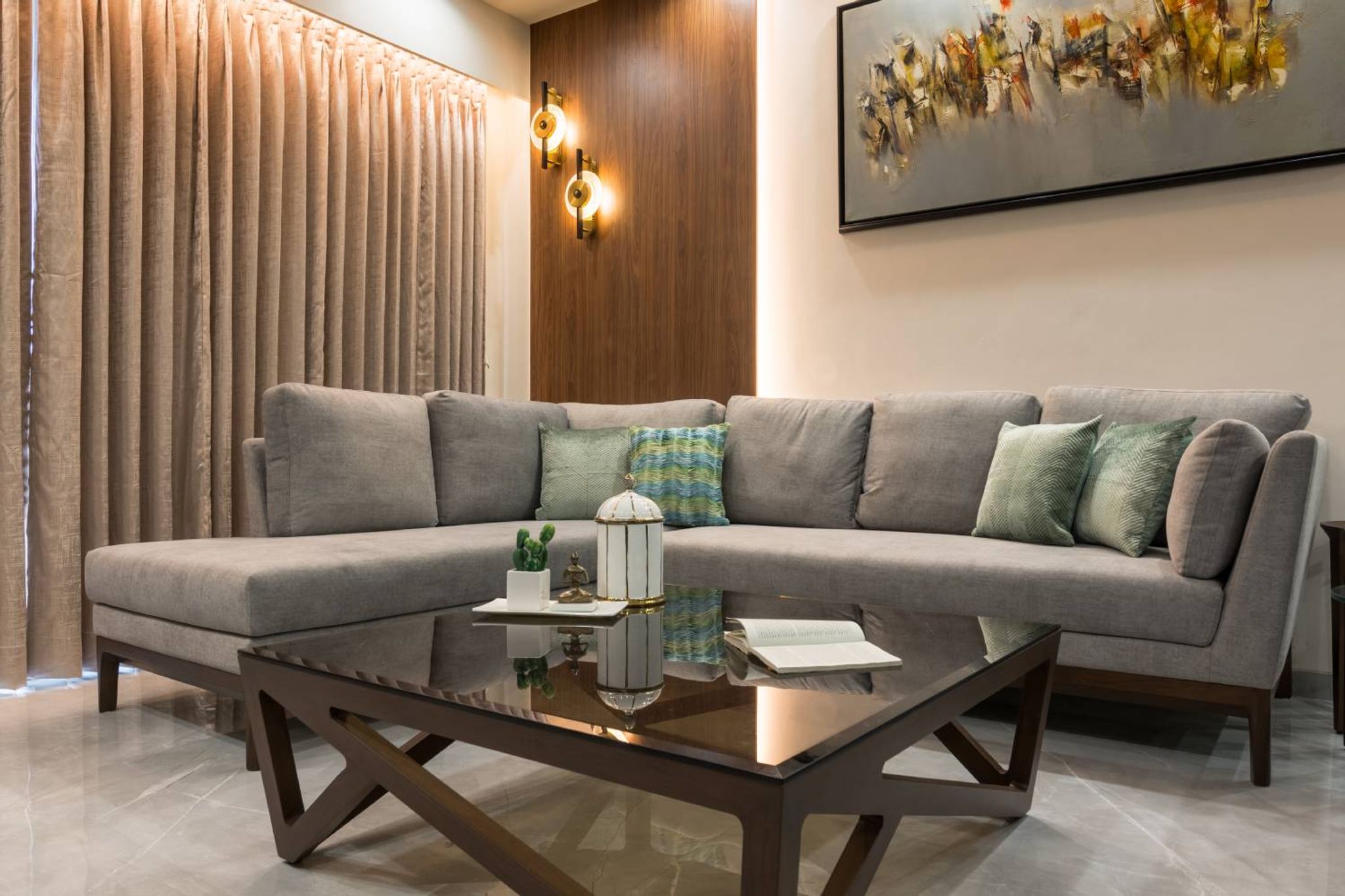 Contemporary Living Room Design with Grey L-Shaped Sofa and Glass ...