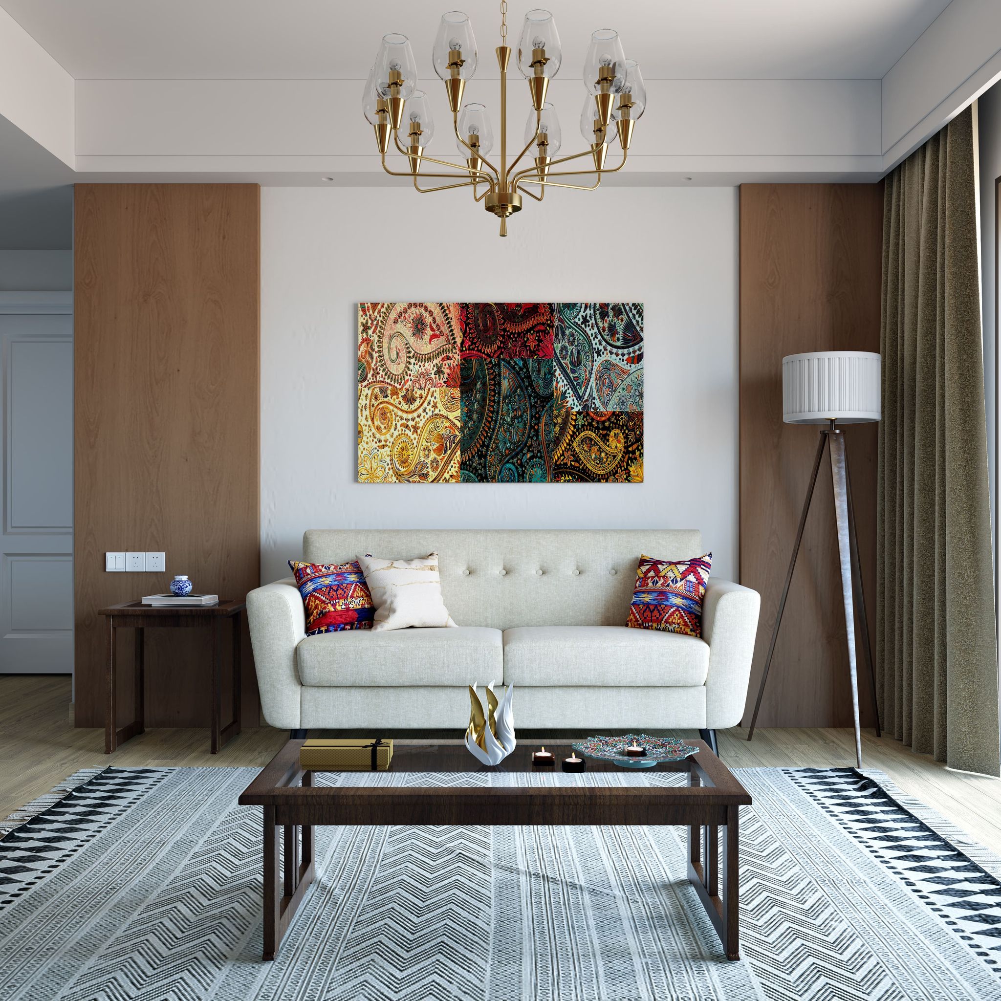 Spacious Living Room Design With White Sofa And Large Wooden Panel ...