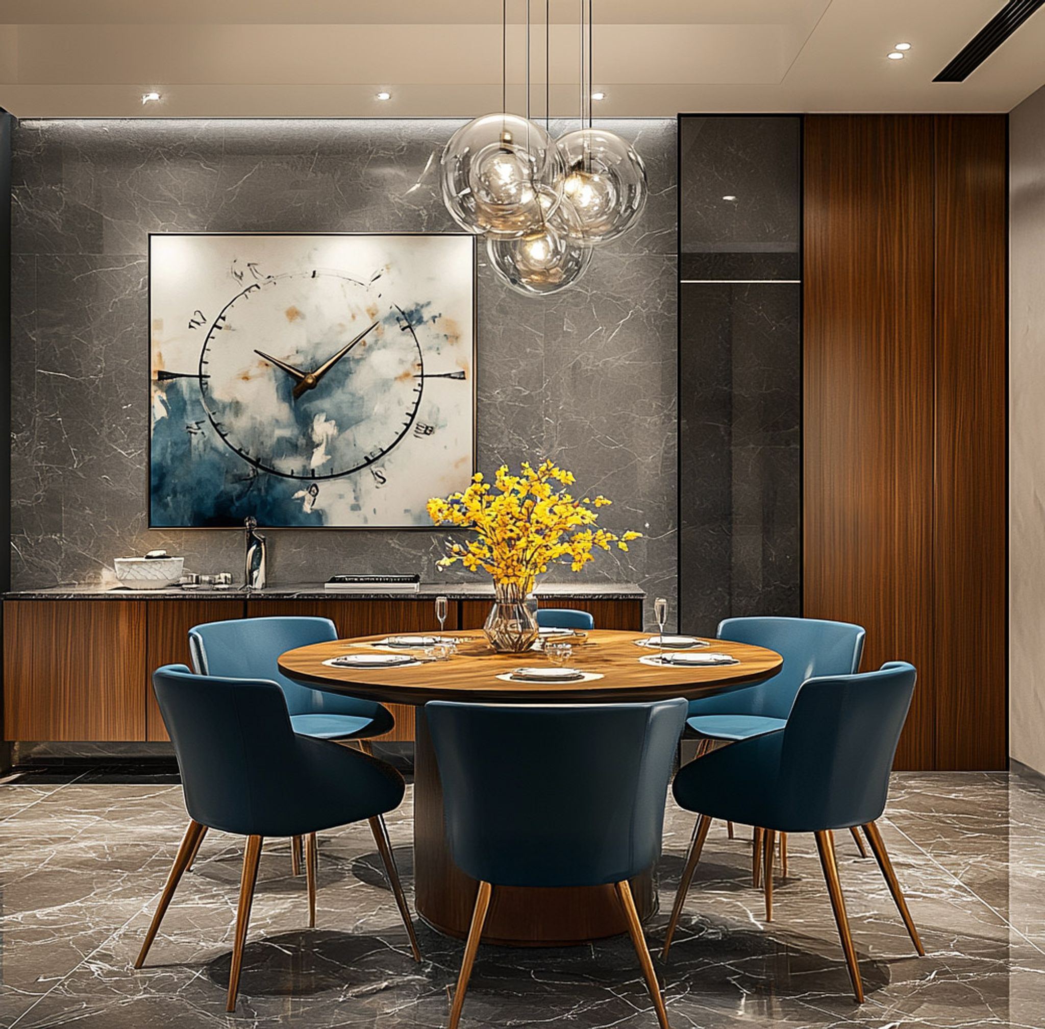 Dining Room Design with Modern Teal Chairs and Built-in Wooden Cabinets ...