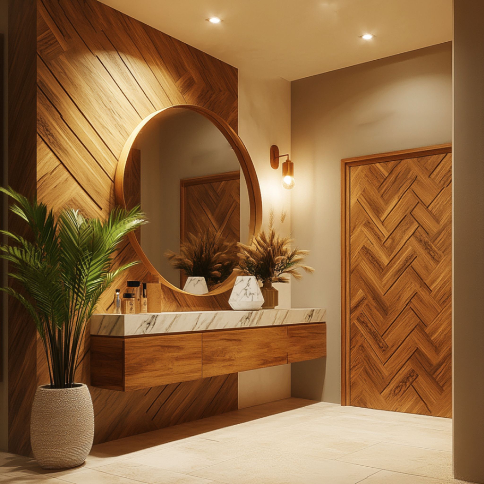 Foyer Design with Contemporary Floating Storage, Chevron Panels, and ...