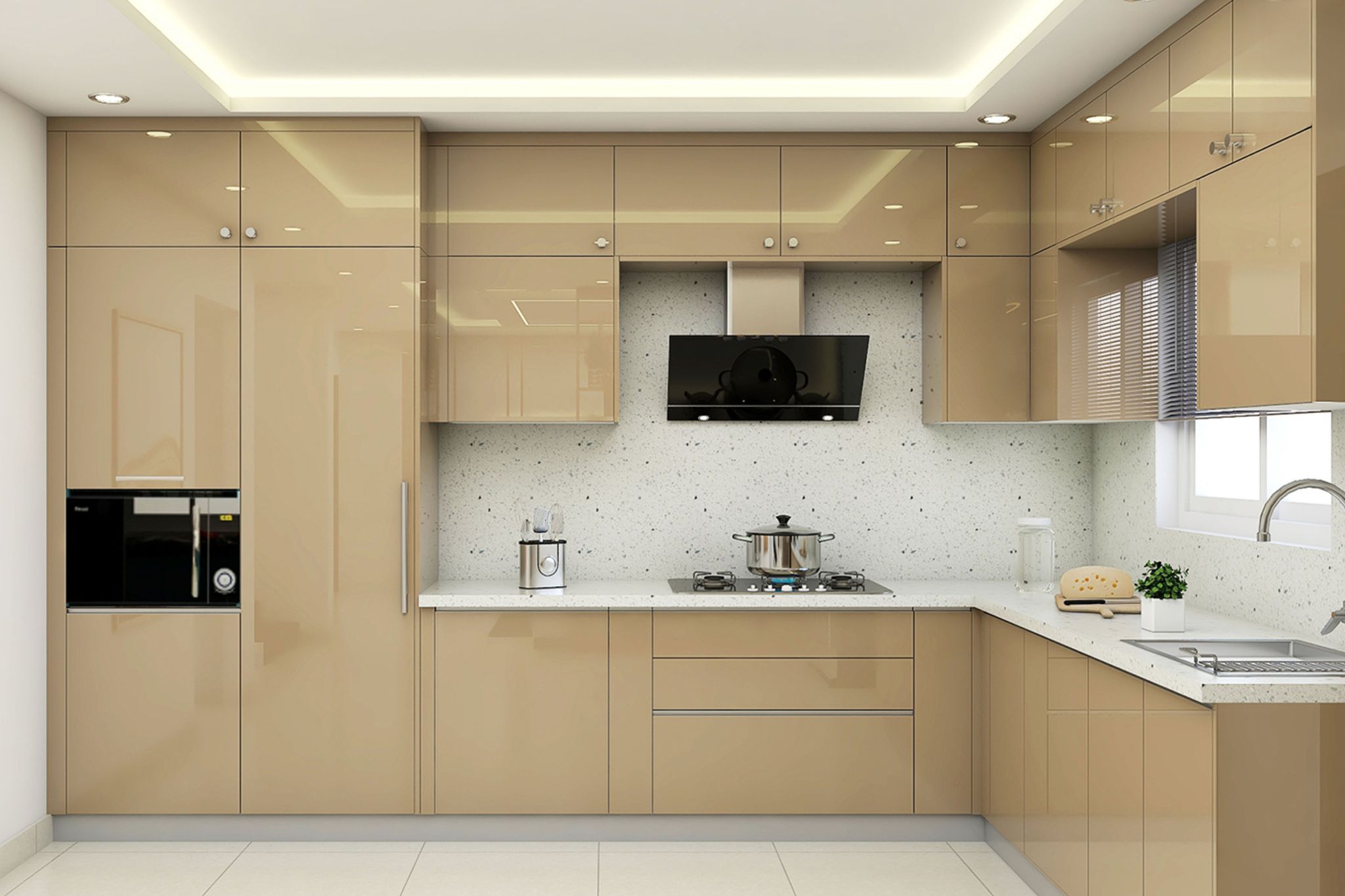 Modern Beige L-Shaped Kitchen Design with Quartz Counter, Glossy ...