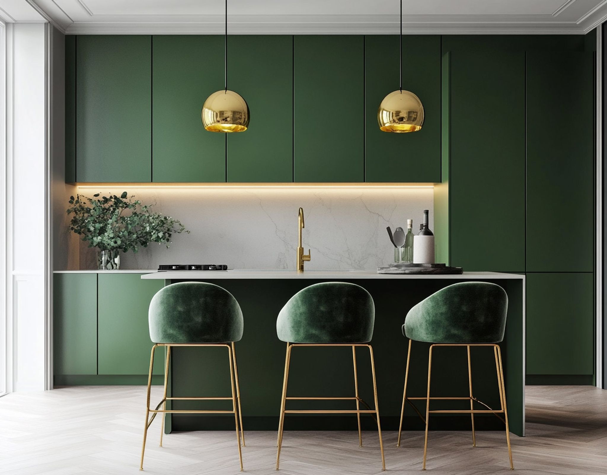Modern Matte Green Island Kitchen Design with Gold Touches and Marble ...