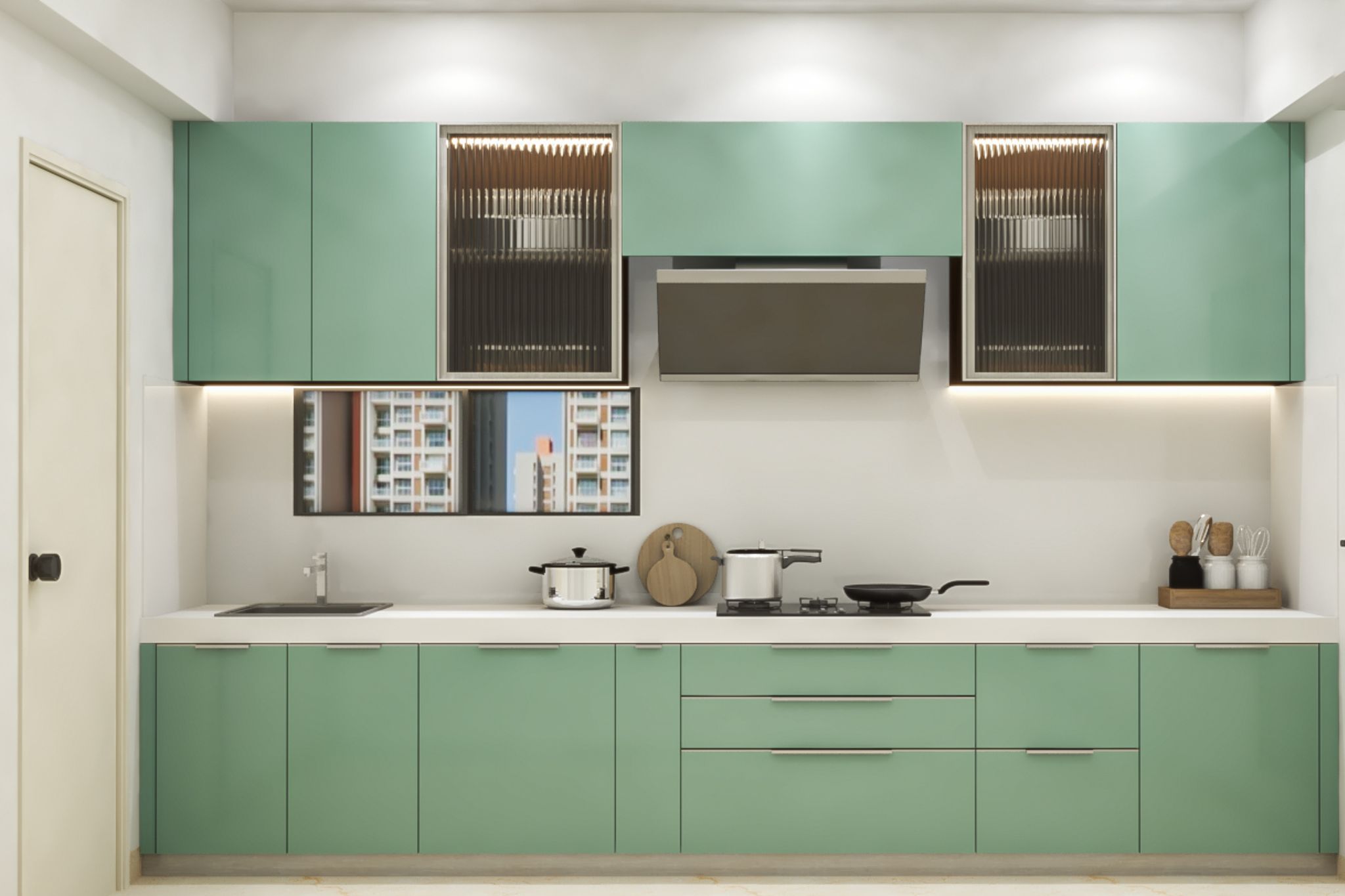 Modern Open Kitchen Design with Frosted Glass Doors and Under-Cabinet ...
