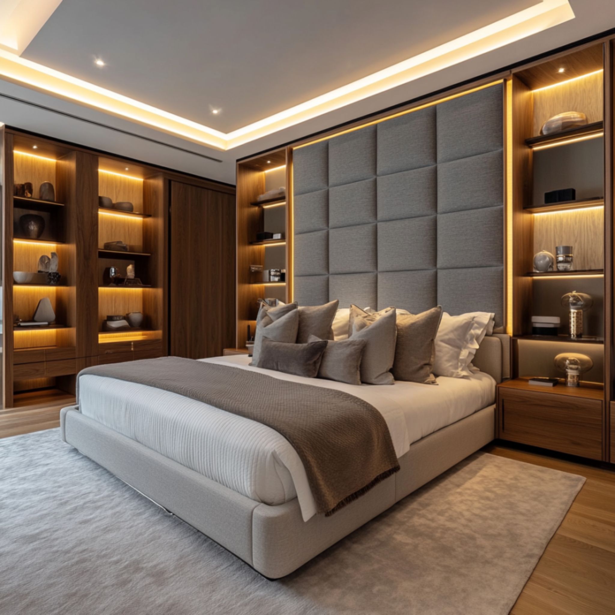 Modern Master Bedroom Design with Upholstered Panels and Wood Accents ...
