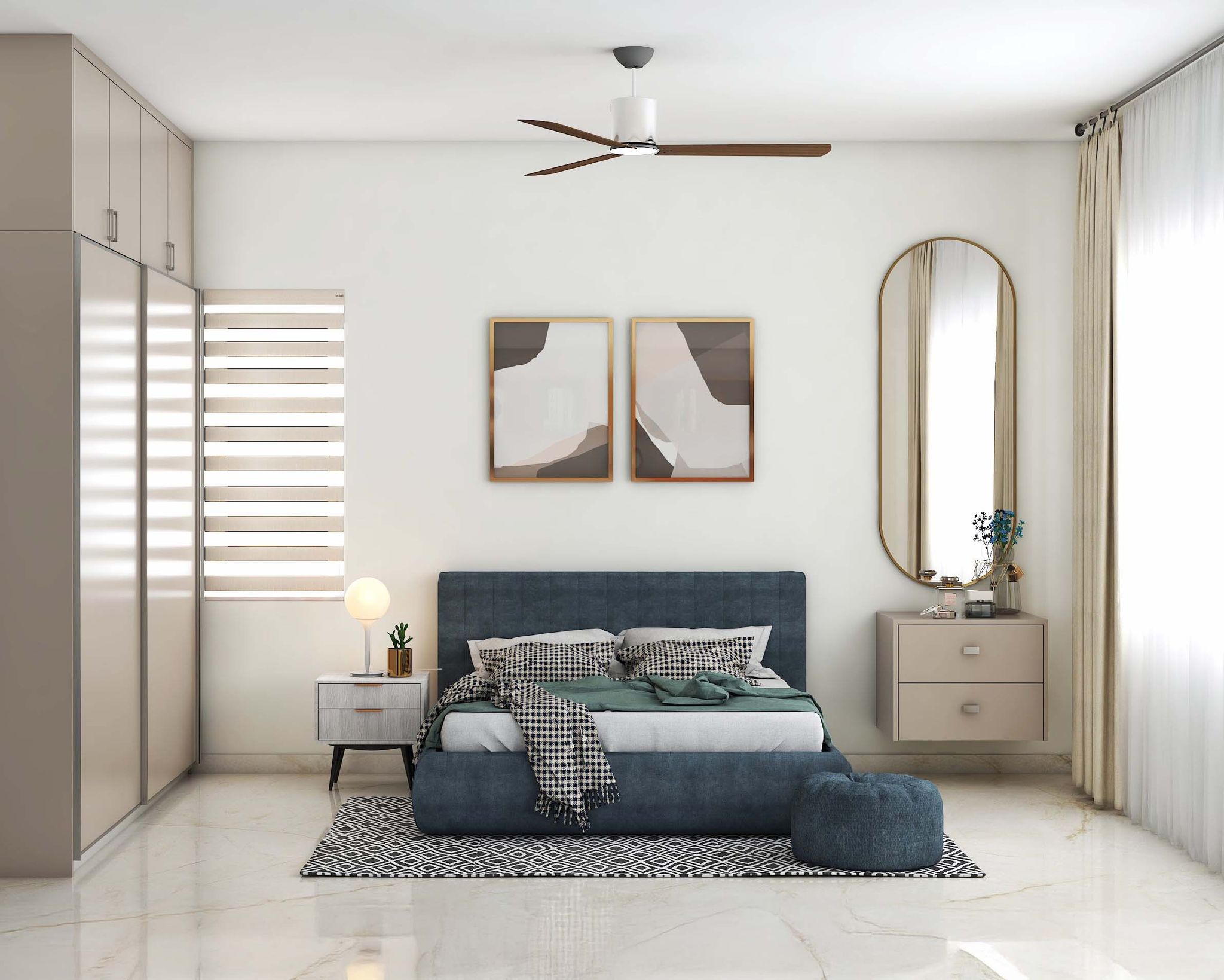 Contemporary Master Bedroom Design With Upholstered Bed and Sliding ...