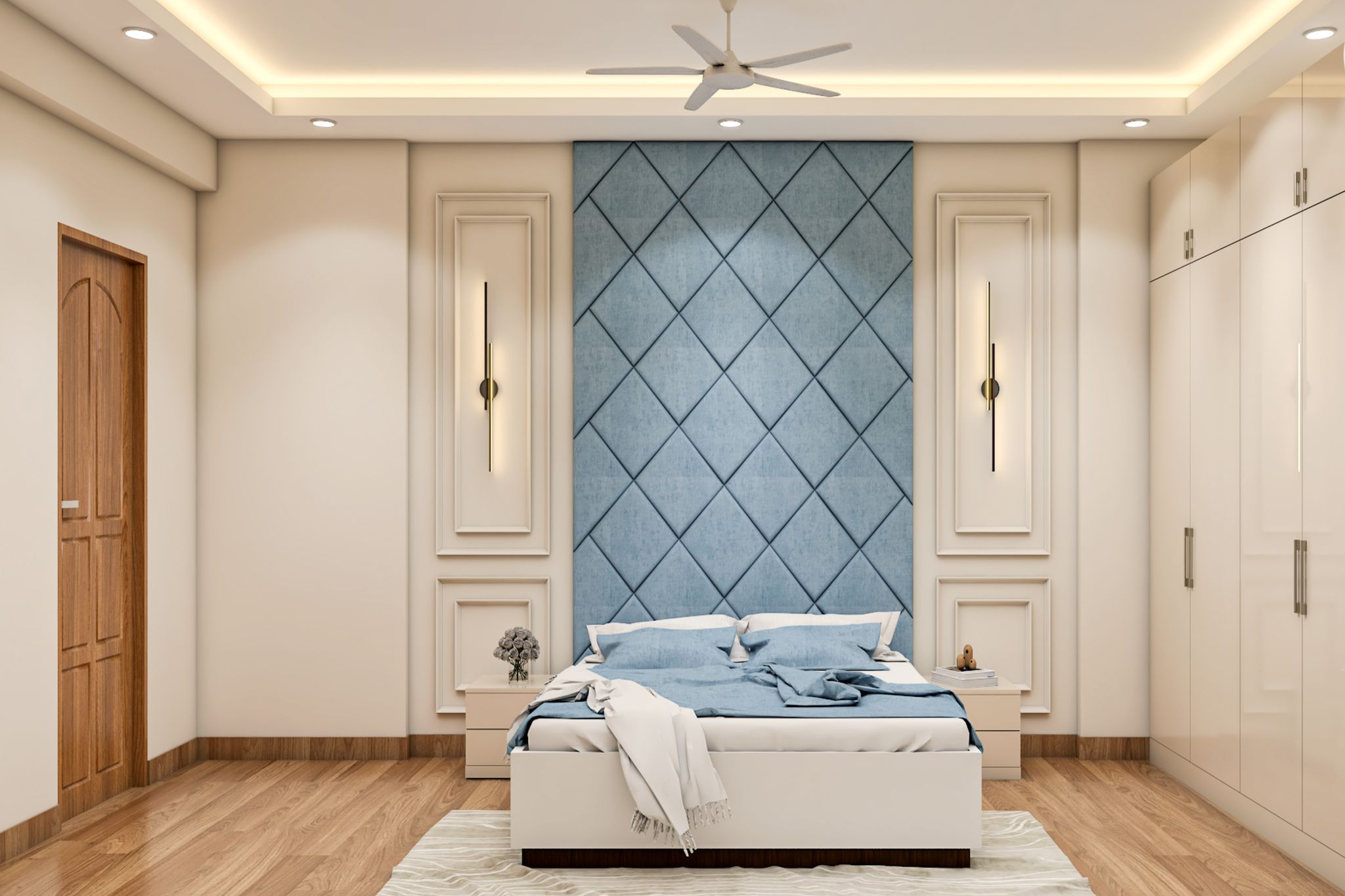 Minimal Master Bedroom Design with Built-in Wardrobes and Padded Blue ...