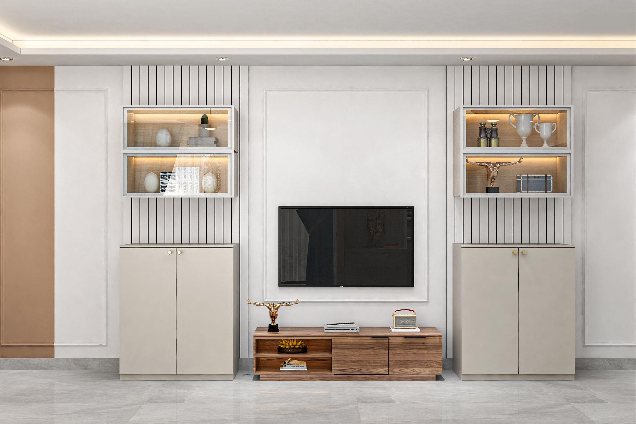 Fluted Panel Minimal TV Unit Design with Backlit Shelves | Livspace