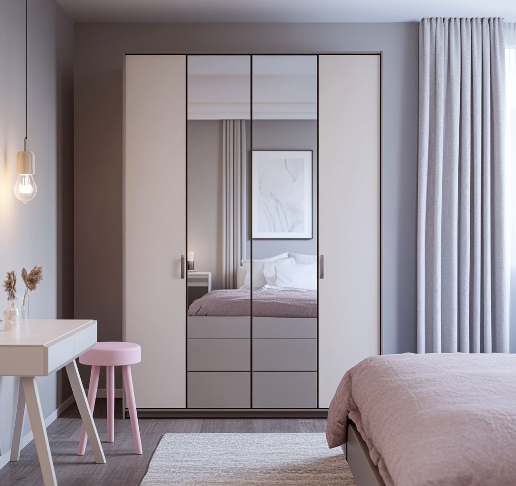 Metallic White 4-Door Classic Swing Wardrobe Design with Mirrored ...