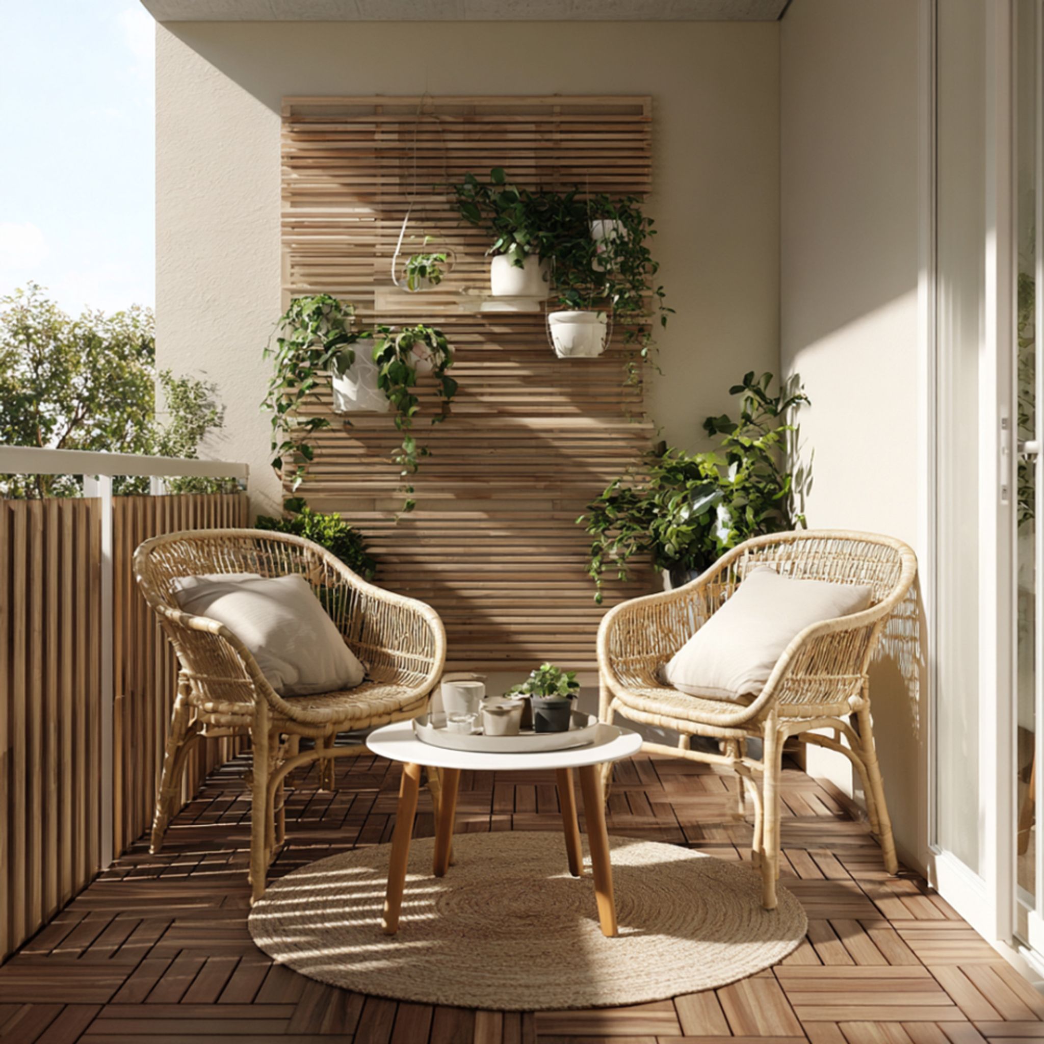 Scandinavian Balcony Design with Green Wall and Wooden Decking | Livspace