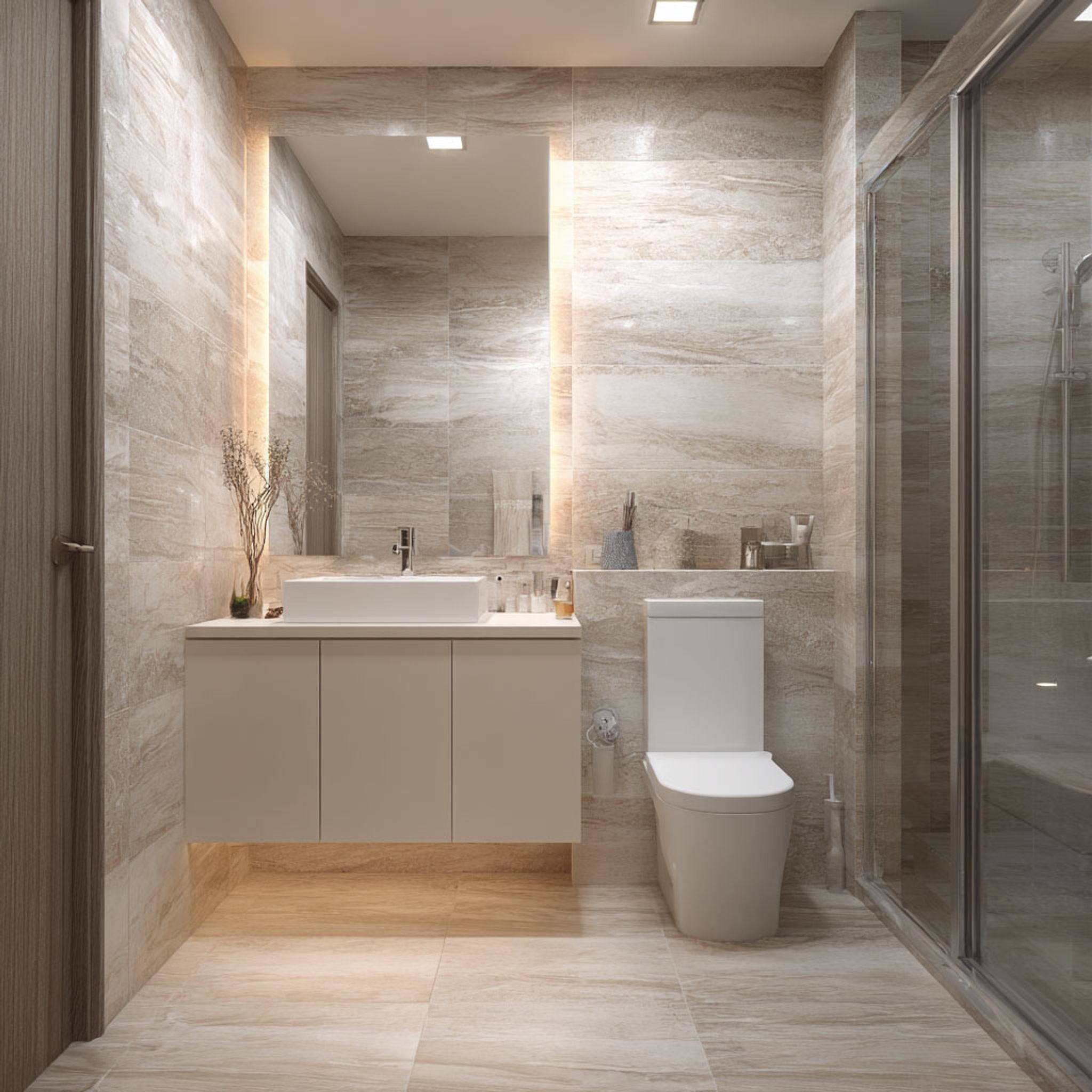 Bathroom Design with Contemporary Light Grey Tiles and Floating Vanity ...