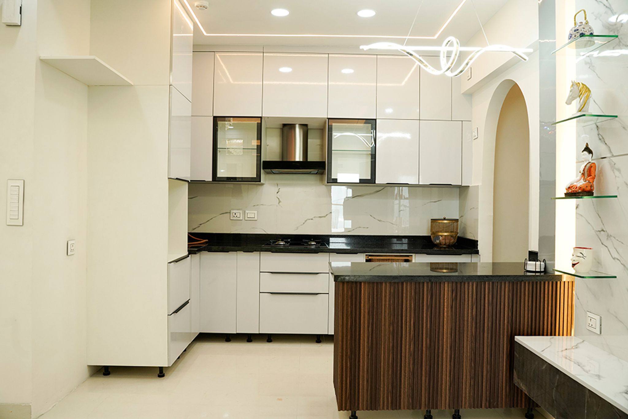 White Modern Island Kitchen Design With Glossy Cabinets and Black ...