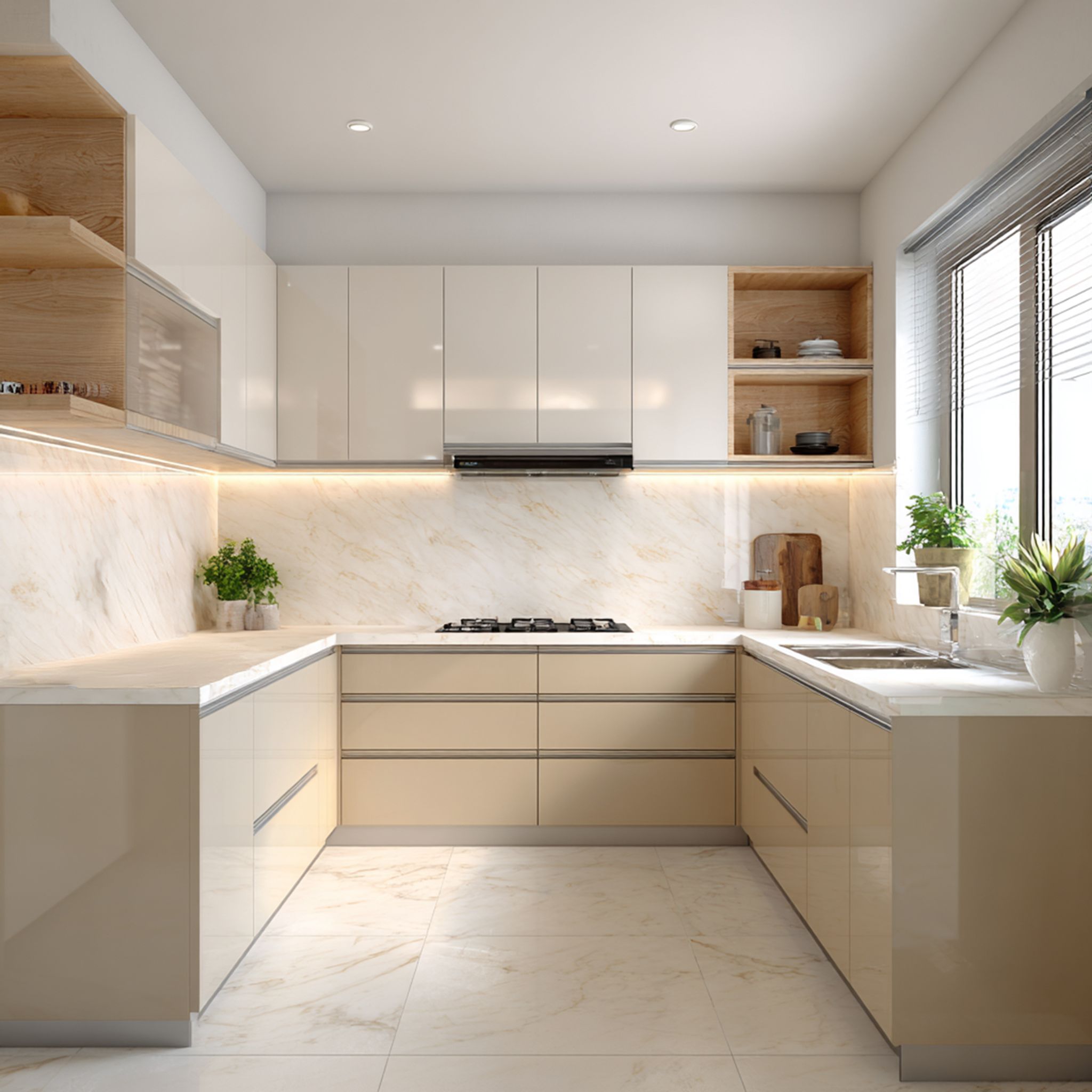 High Gloss Grey and White Marble U-Shaped Kitchen Design with Marble ...