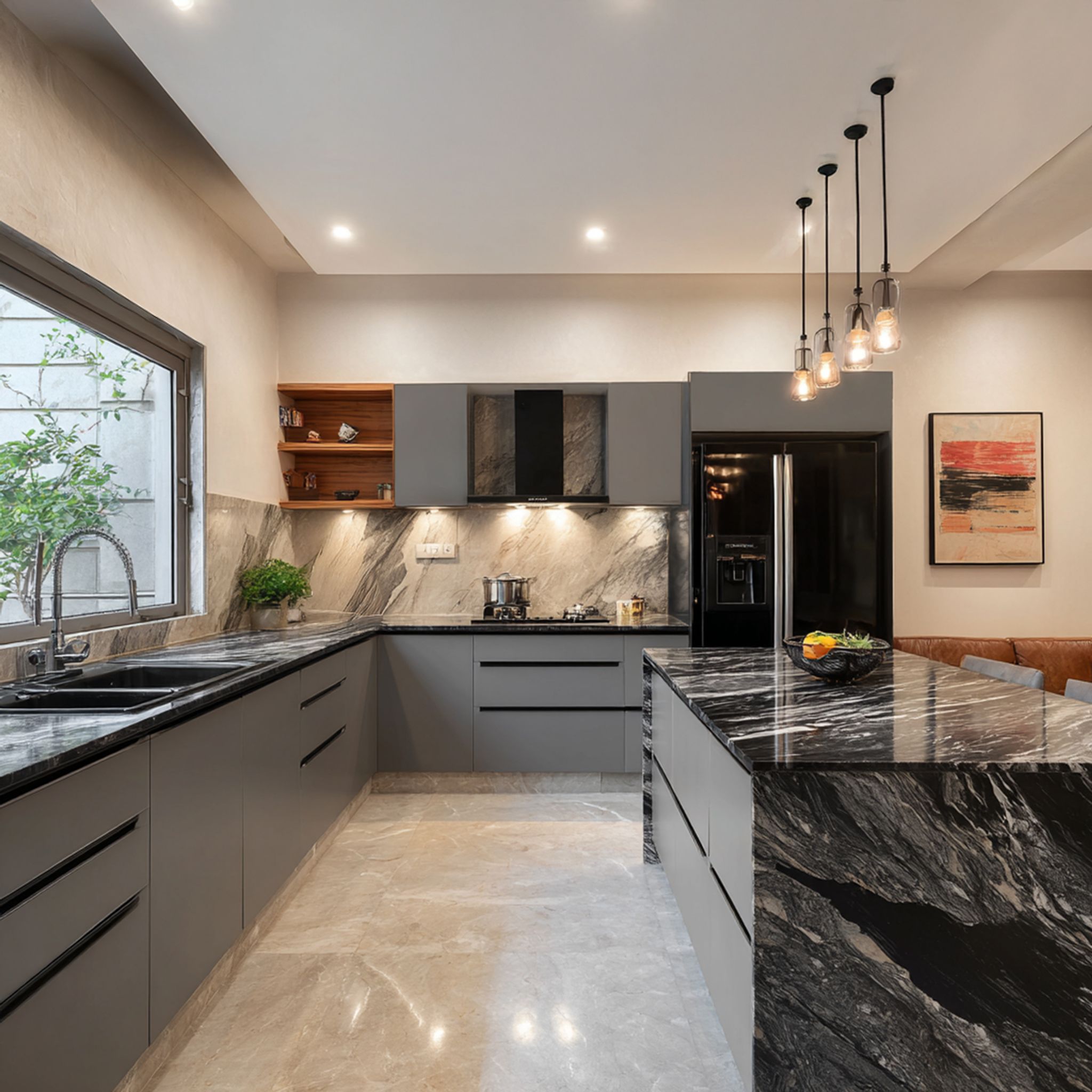 Grey Modern Island Kitchen Design with Marble Countertop and Open ...