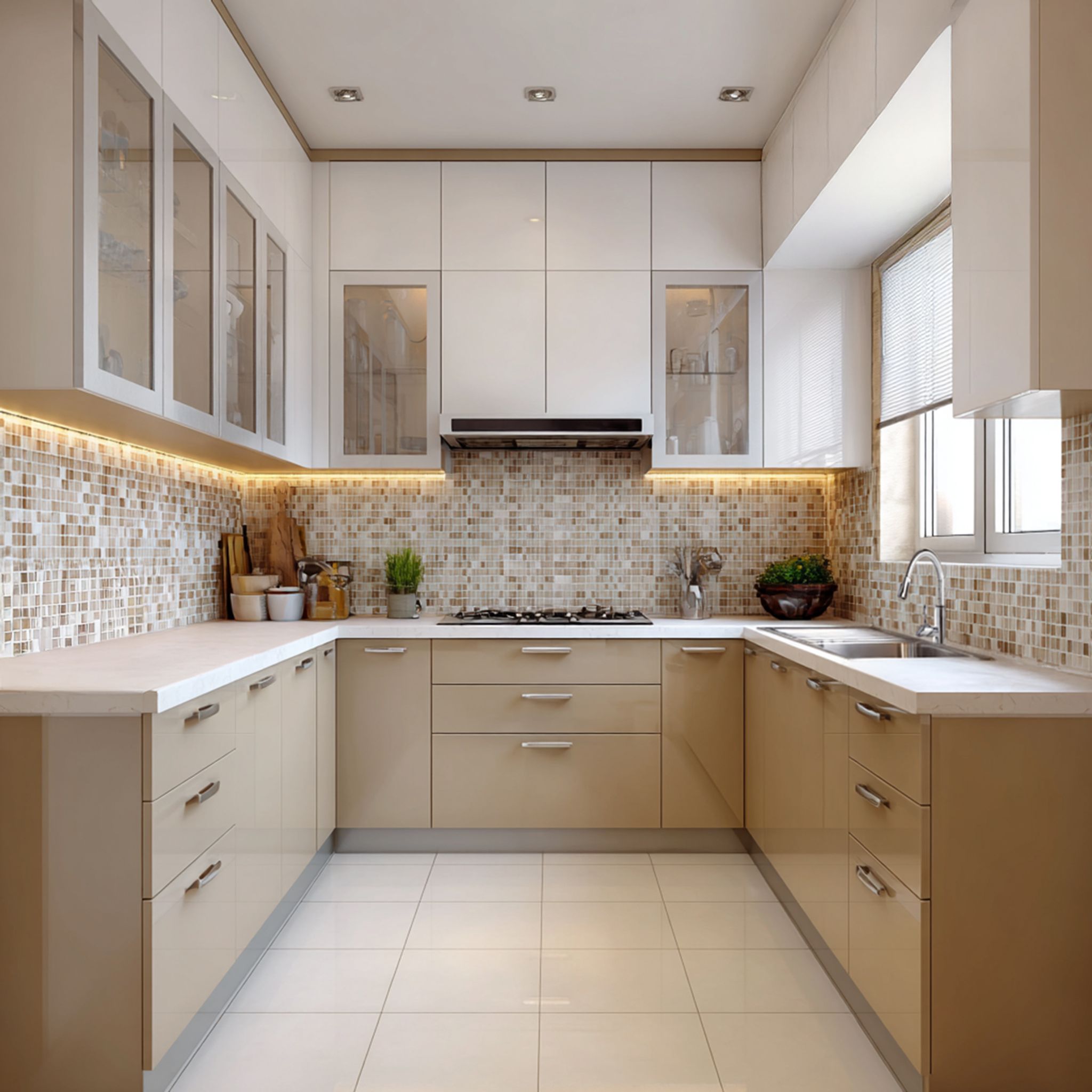 Modern Grey and White U-Shaped Kitchen Design Featuring Marble ...