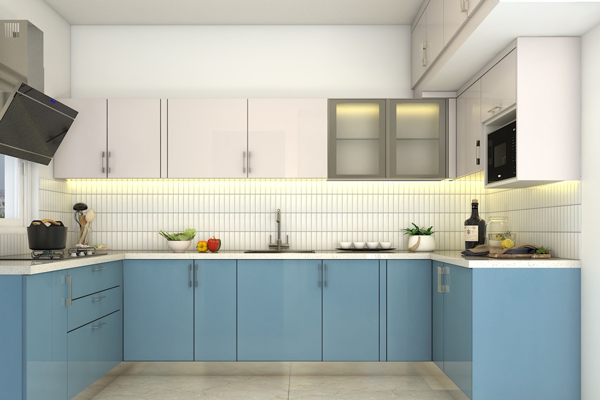 U-Shaped Contemporary Kitchen Design with Quartz Countertop and Glass ...