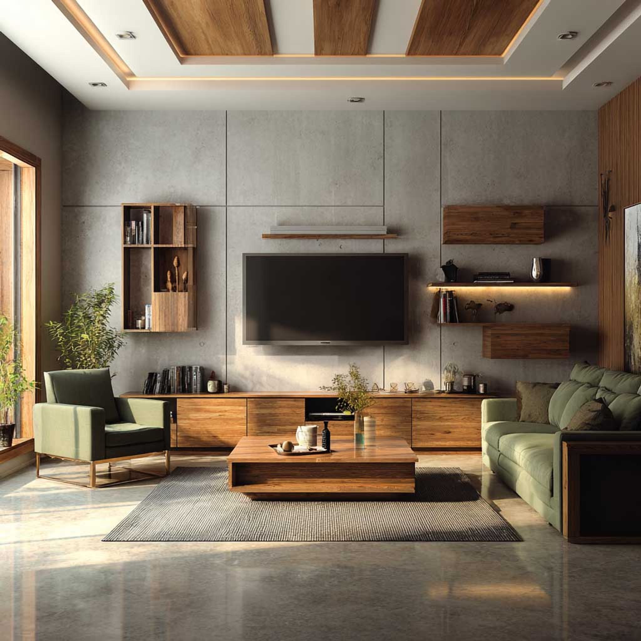 Contemporary Living Room Design with Wood and Concrete | Livspace