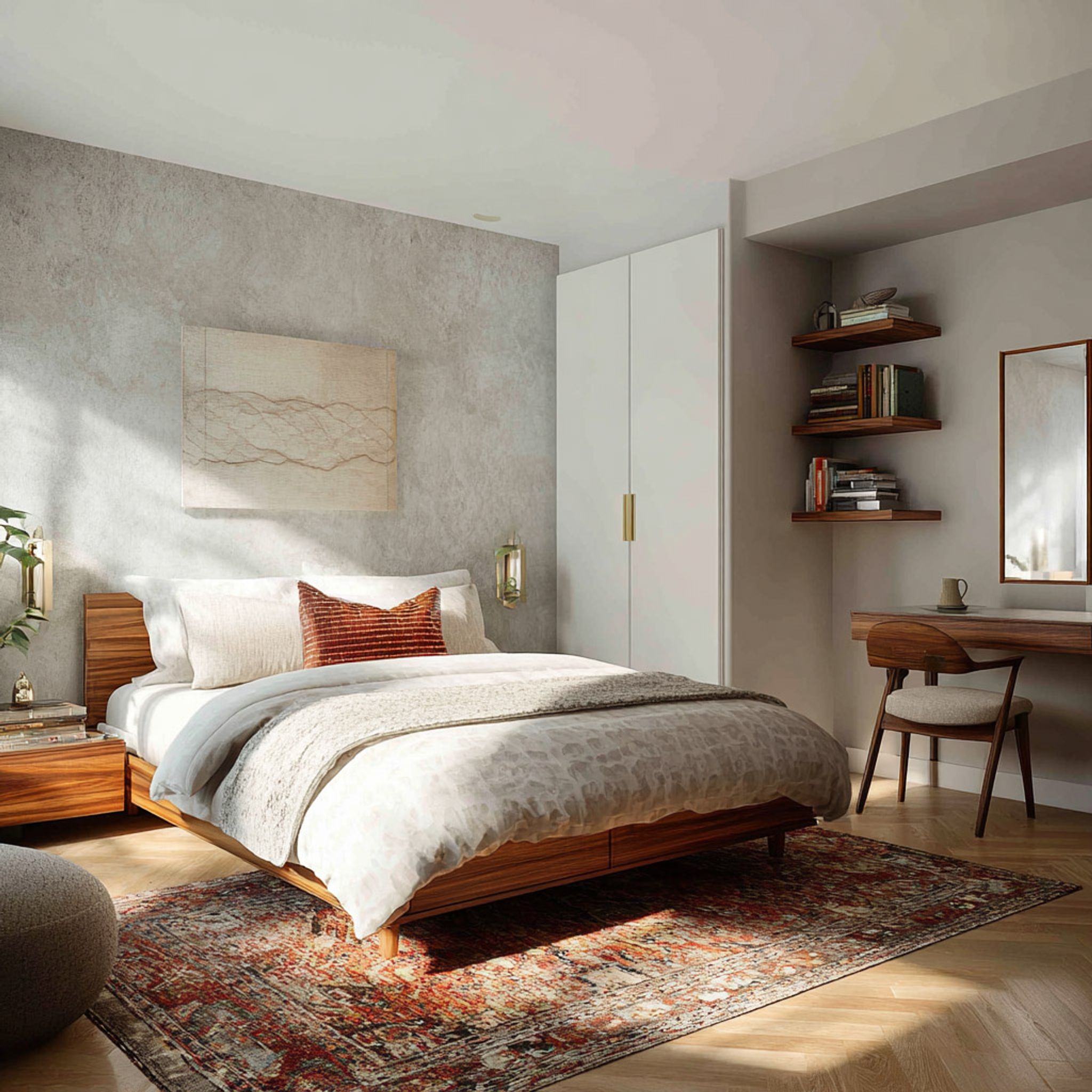 Wooden Modern Master Bedroom Design with Built-In Wooden Desk and ...