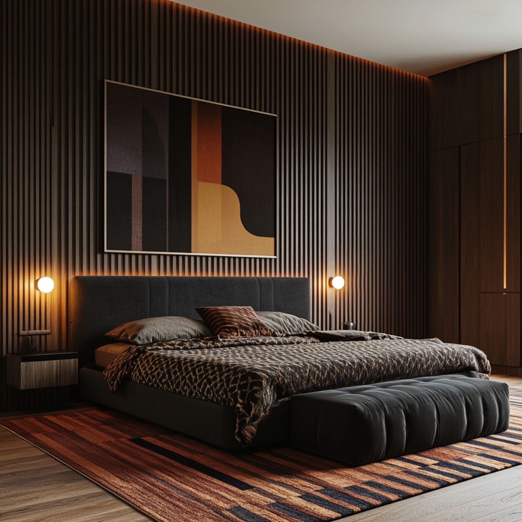 Modern Fluted Paneling Wall Design: Dark Brown Walls with Soft Glow ...