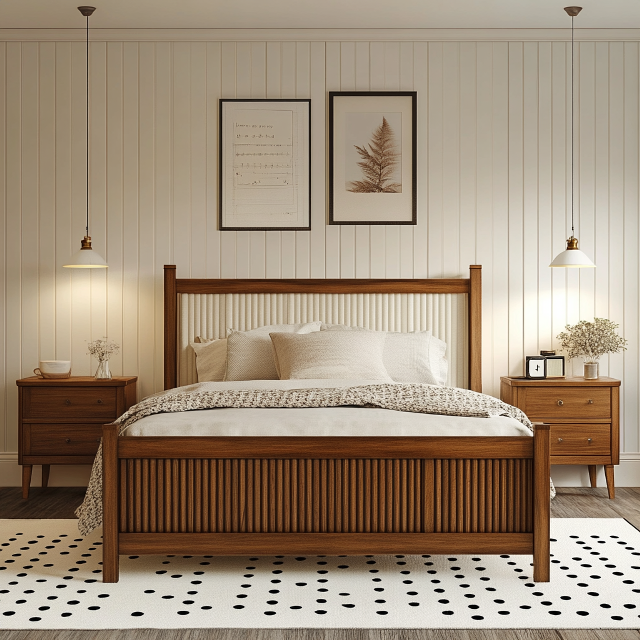 Guest Bedroom Design with Traditional Wooden Panel Wall and Pendant ...