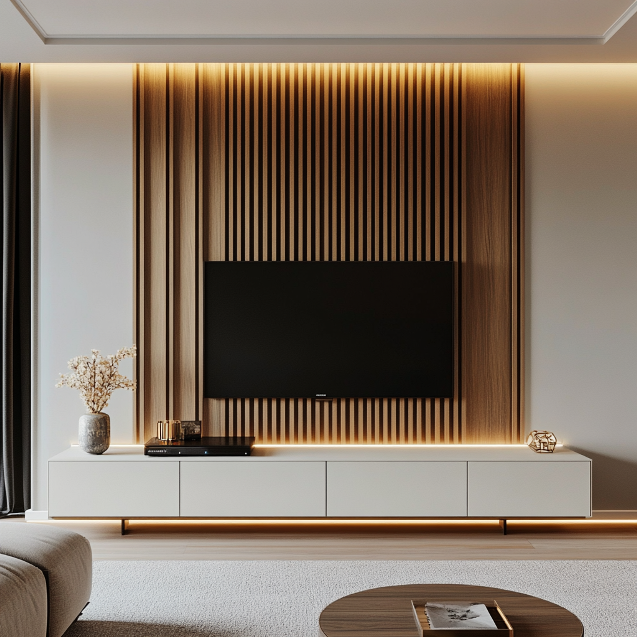 Functional Modern White TV Unit Design with Drawer Storage and Suede ...