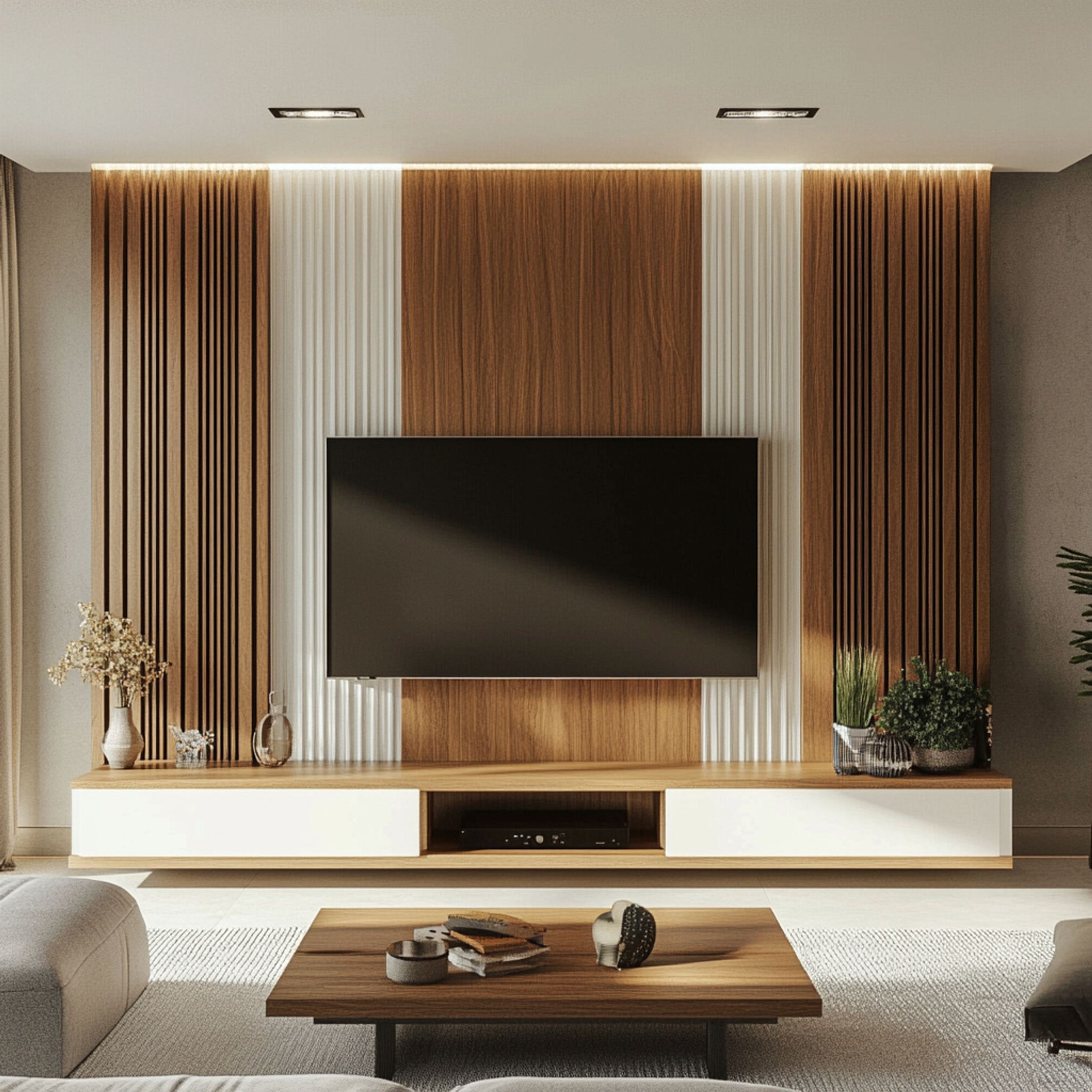 TV Unit Design in Modern White and Walnut Colour and Suede Laminate ...