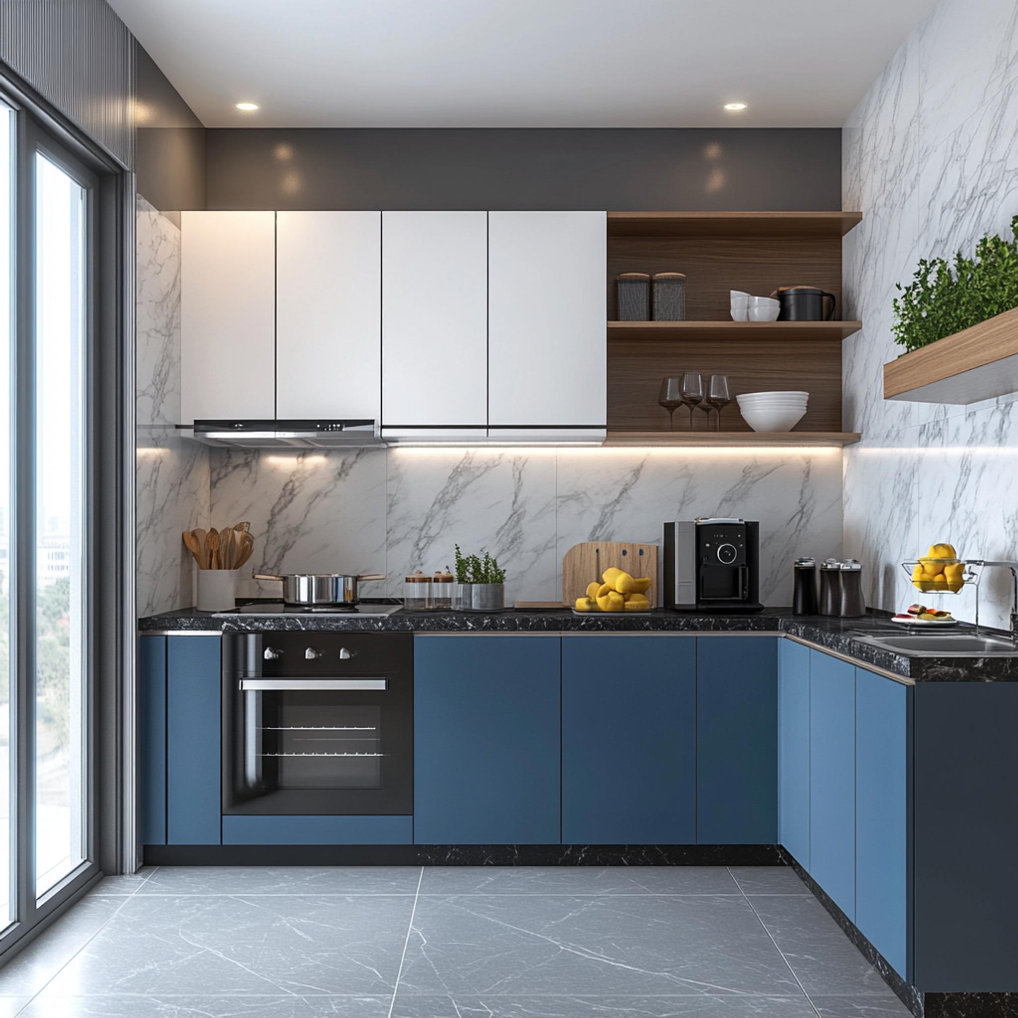 L-Shaped Kitchen Design in Minimal White and Shore with Granite ...