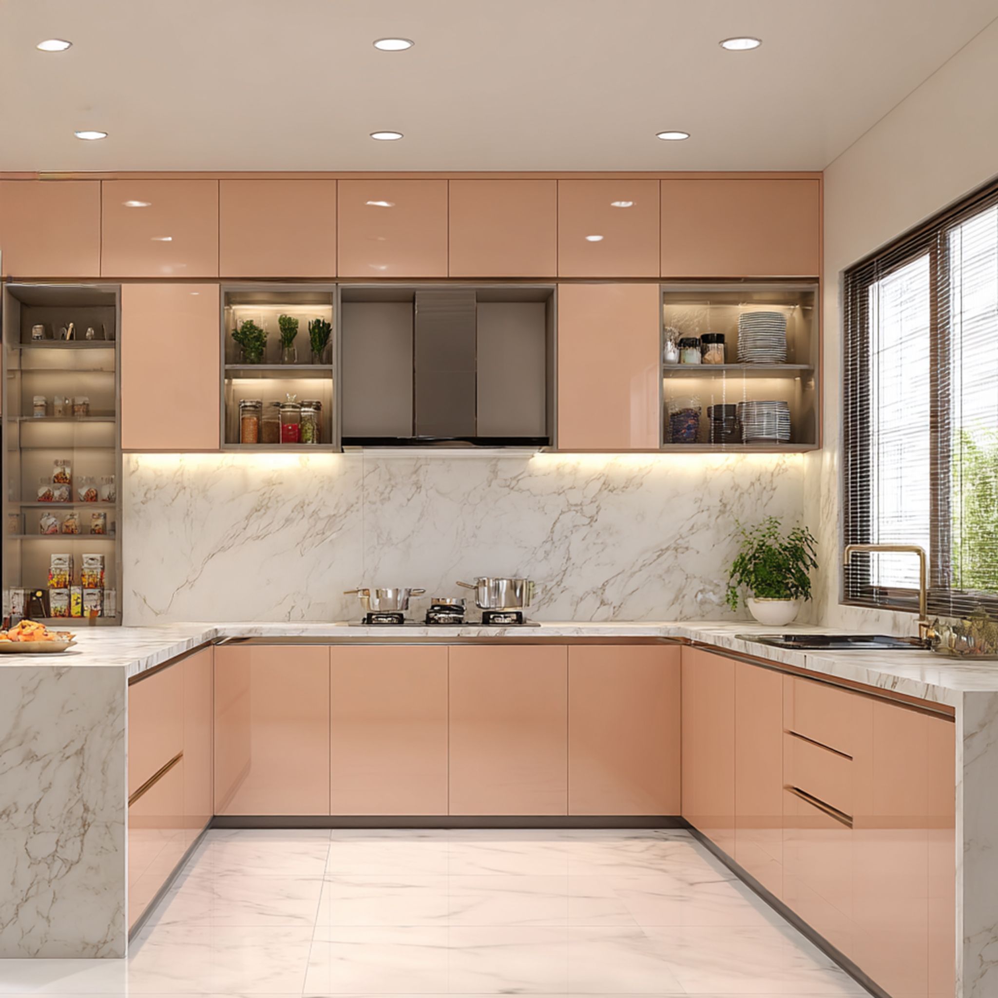 U-Shaped Modern Kitchen Design with Yellow Cabinets and Grey Base Units ... - Glossy Finish Kitchen Cabinet Renovation