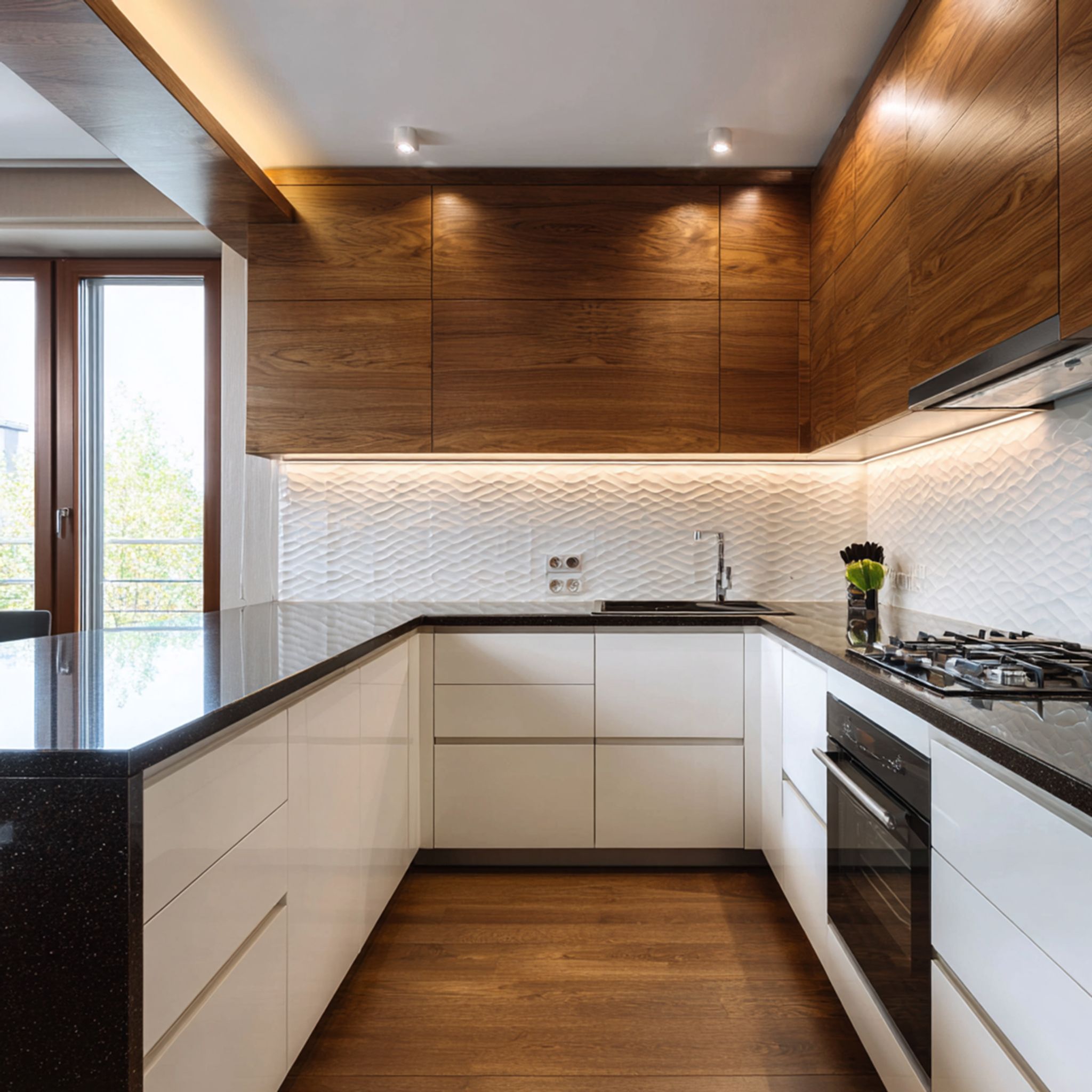 U-Shaped Contemporary Kitchen Design Featuring Glass Cabinets and Open ...