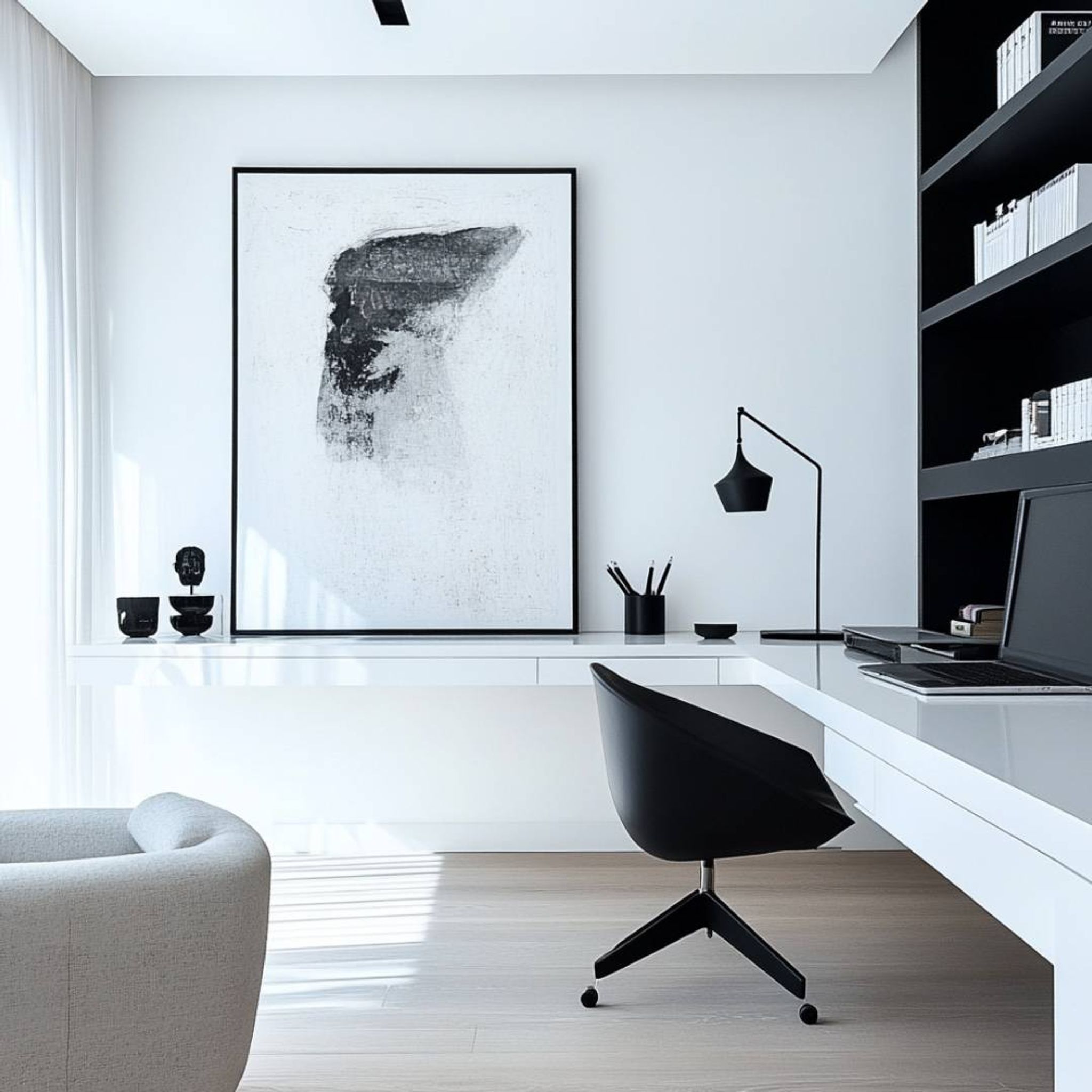 Minimal Home Office Design With White Suede Cabinets And Open Shelves ...