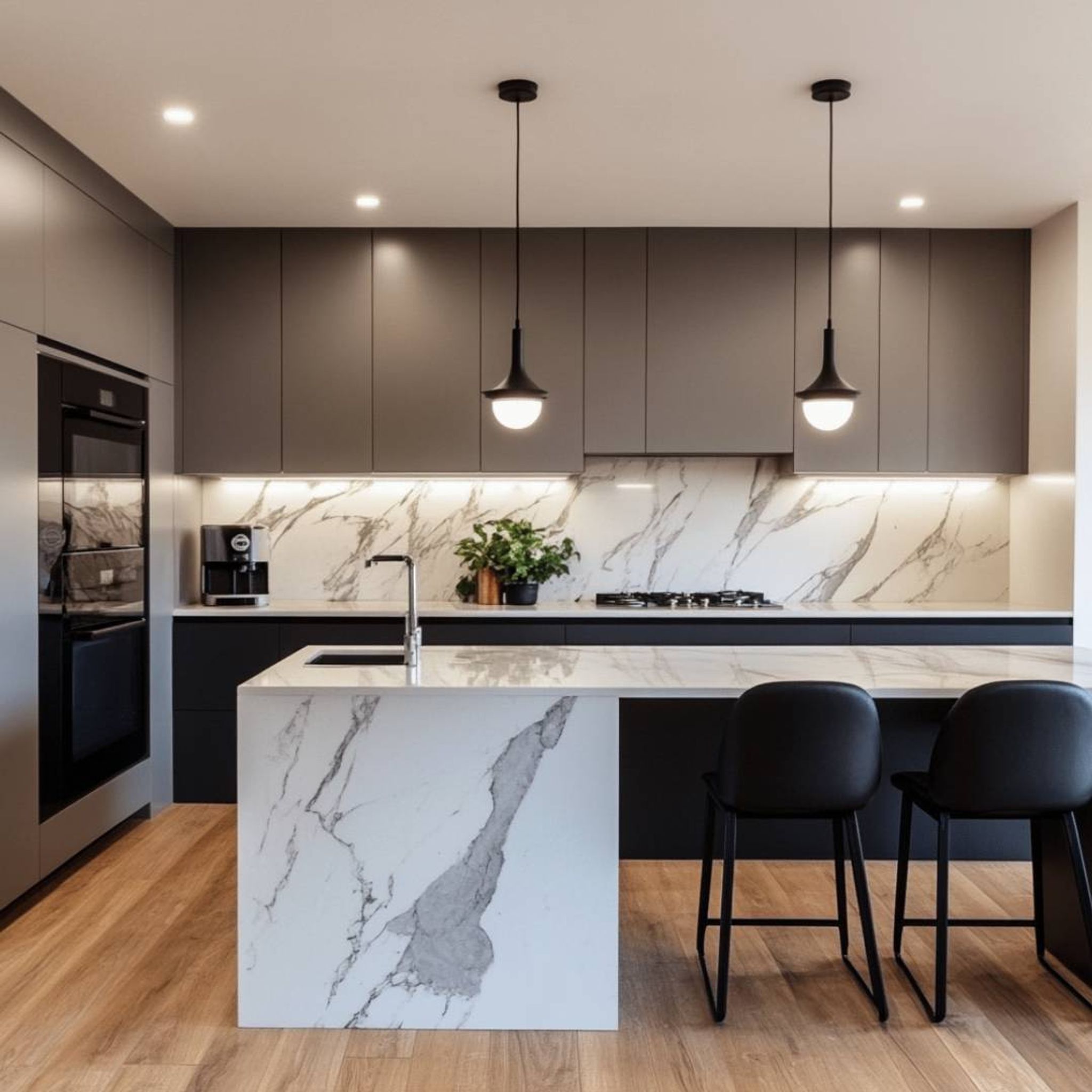 Grey Island Kitchen Design with Marble Top and Natural Wood Flooring ...