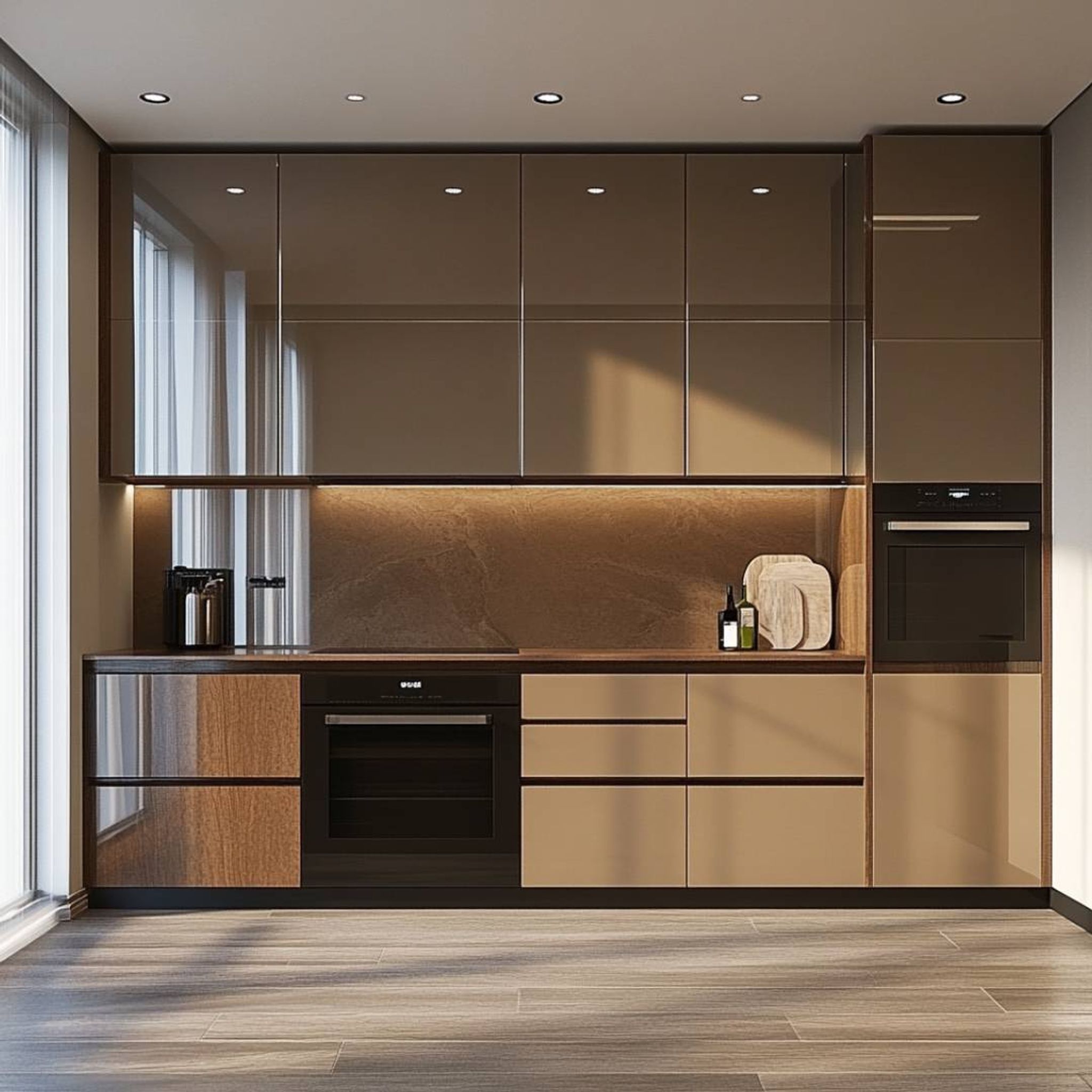 Open Modern Kitchen Design in Chocolate Brown with Granite Countertops ...