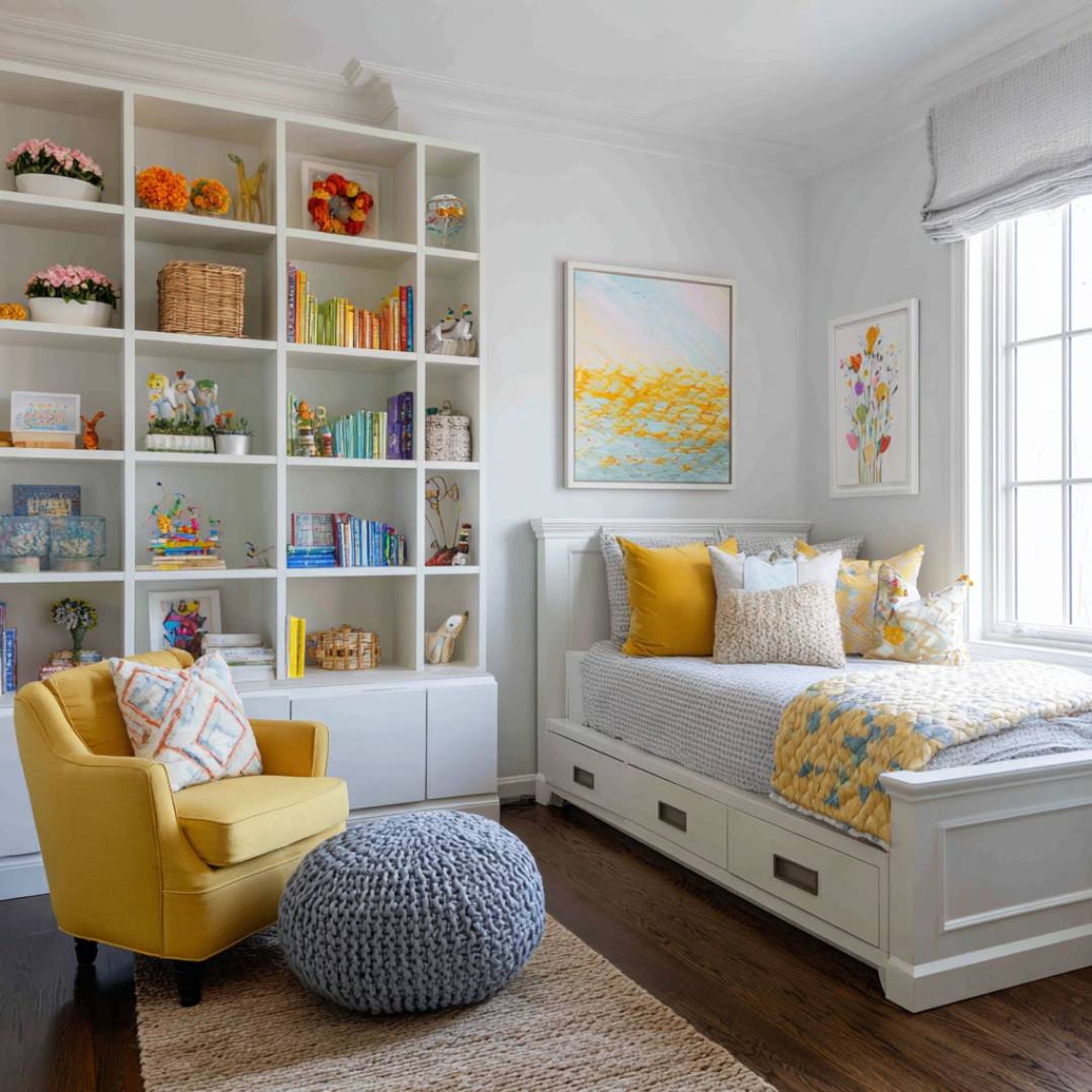 Modern Kids Bedroom Design Featuring Plush Seating And Wall Storage ...