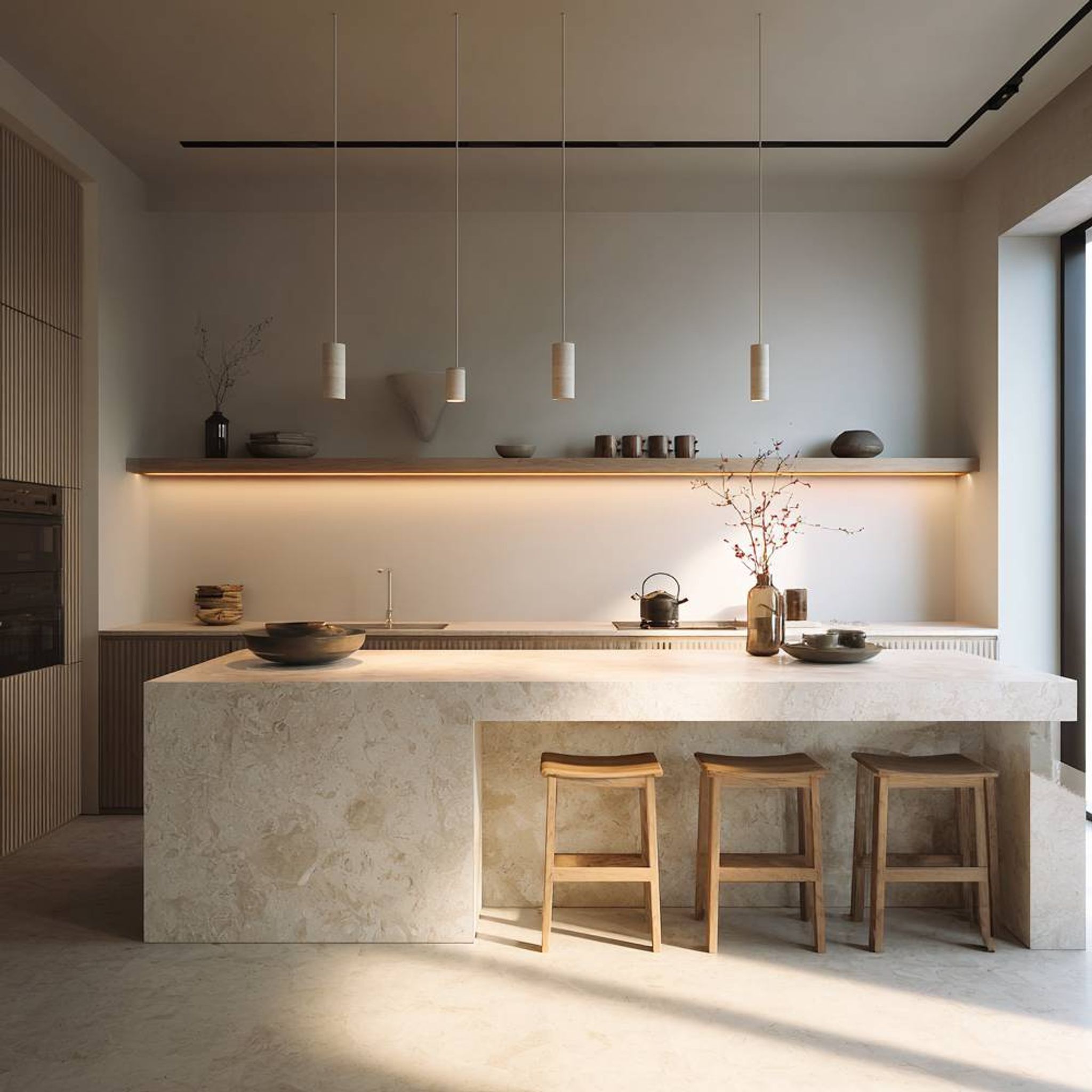 Modern Kitchen Island Design in Brown With Open Shelves and Quartz ...