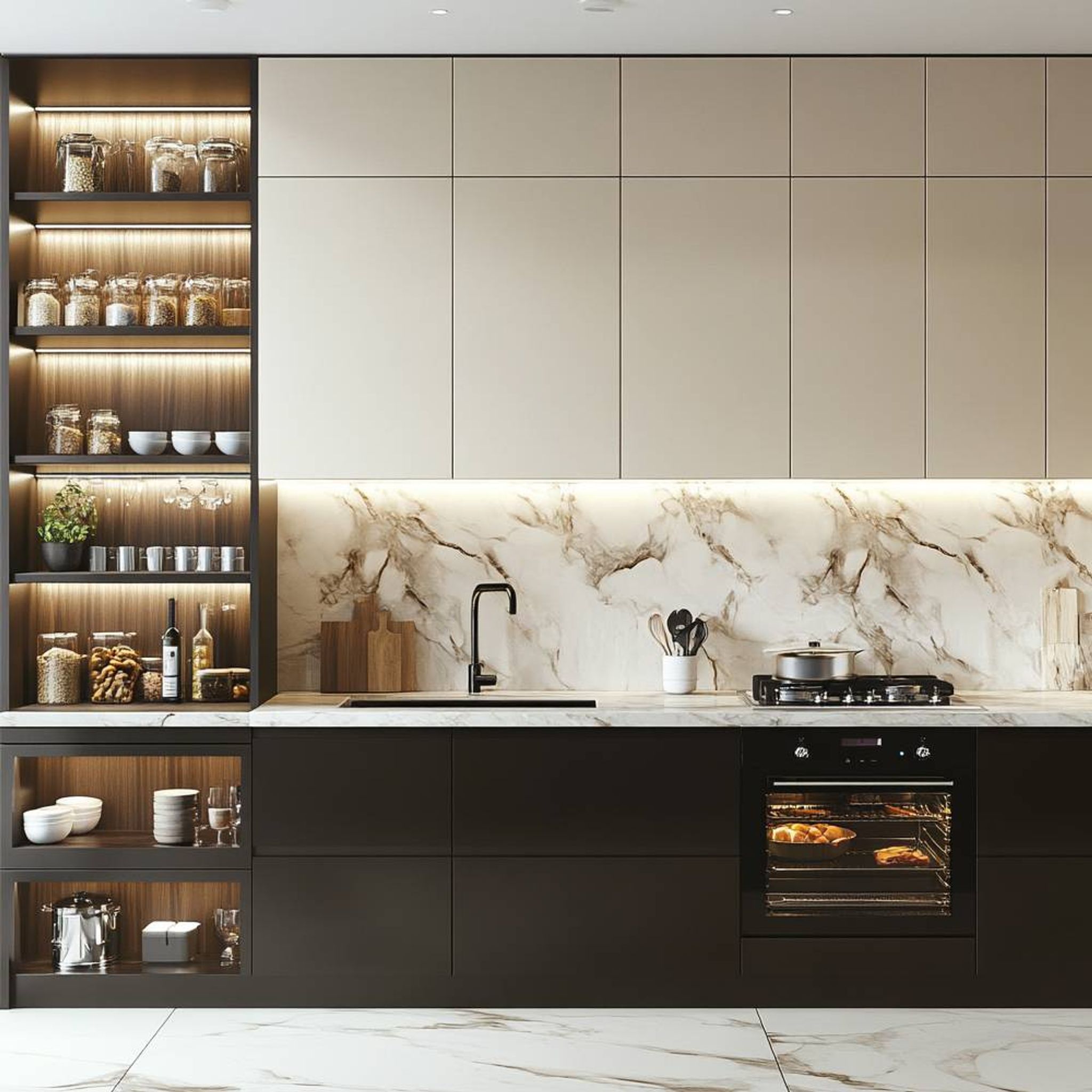 Modern Straight Kitchen Design with Dark Grey Base and Cream Wall Units ...