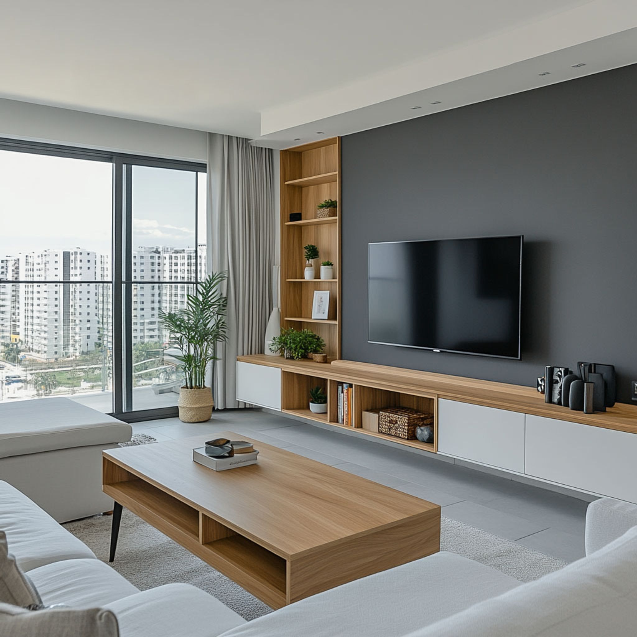White and Brown Scandinavian TV Unit Design with Open Shelving and ...