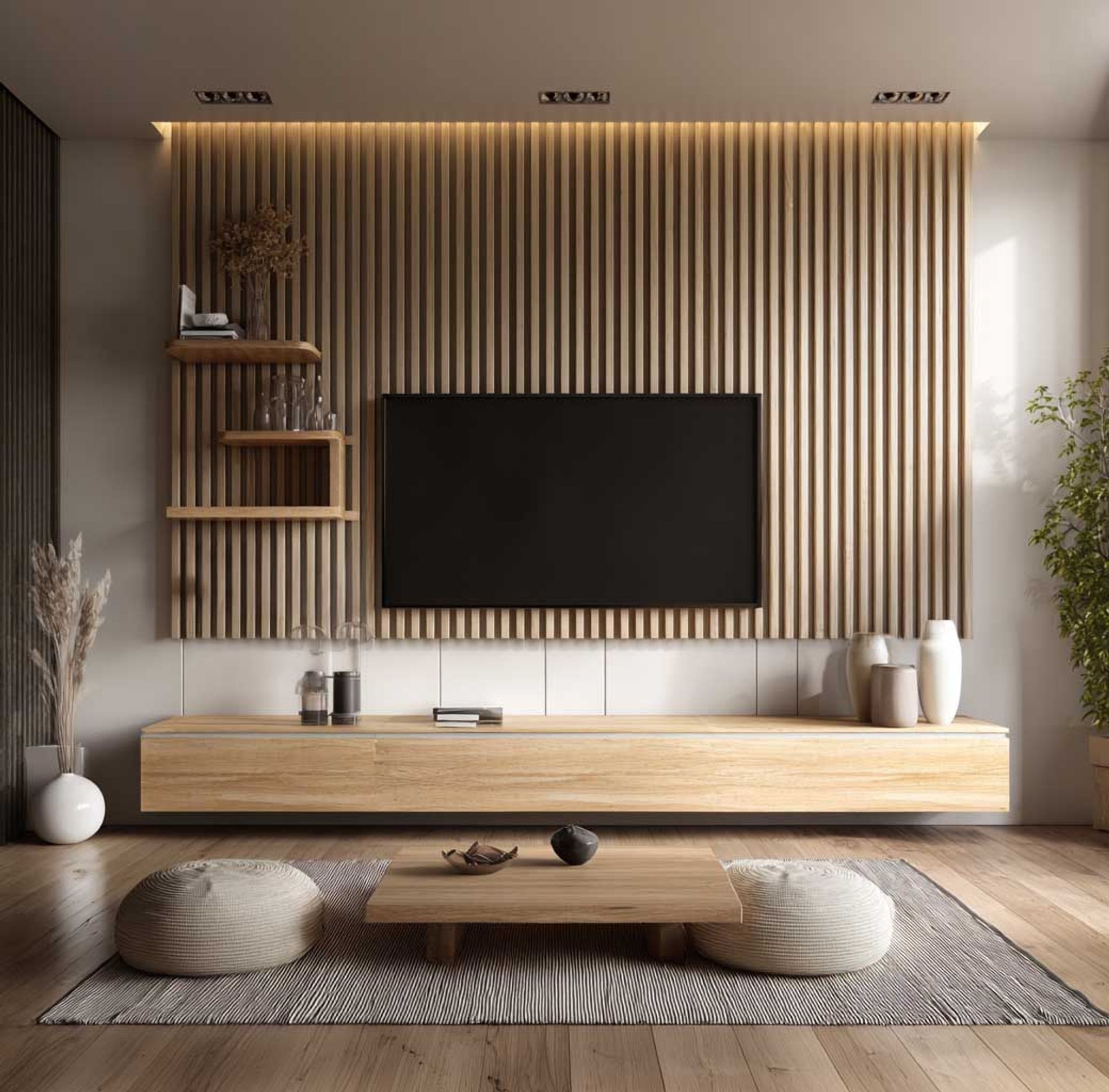 Modern Floating TV Unit Design with Concealed Storage Cabinet Stack ...