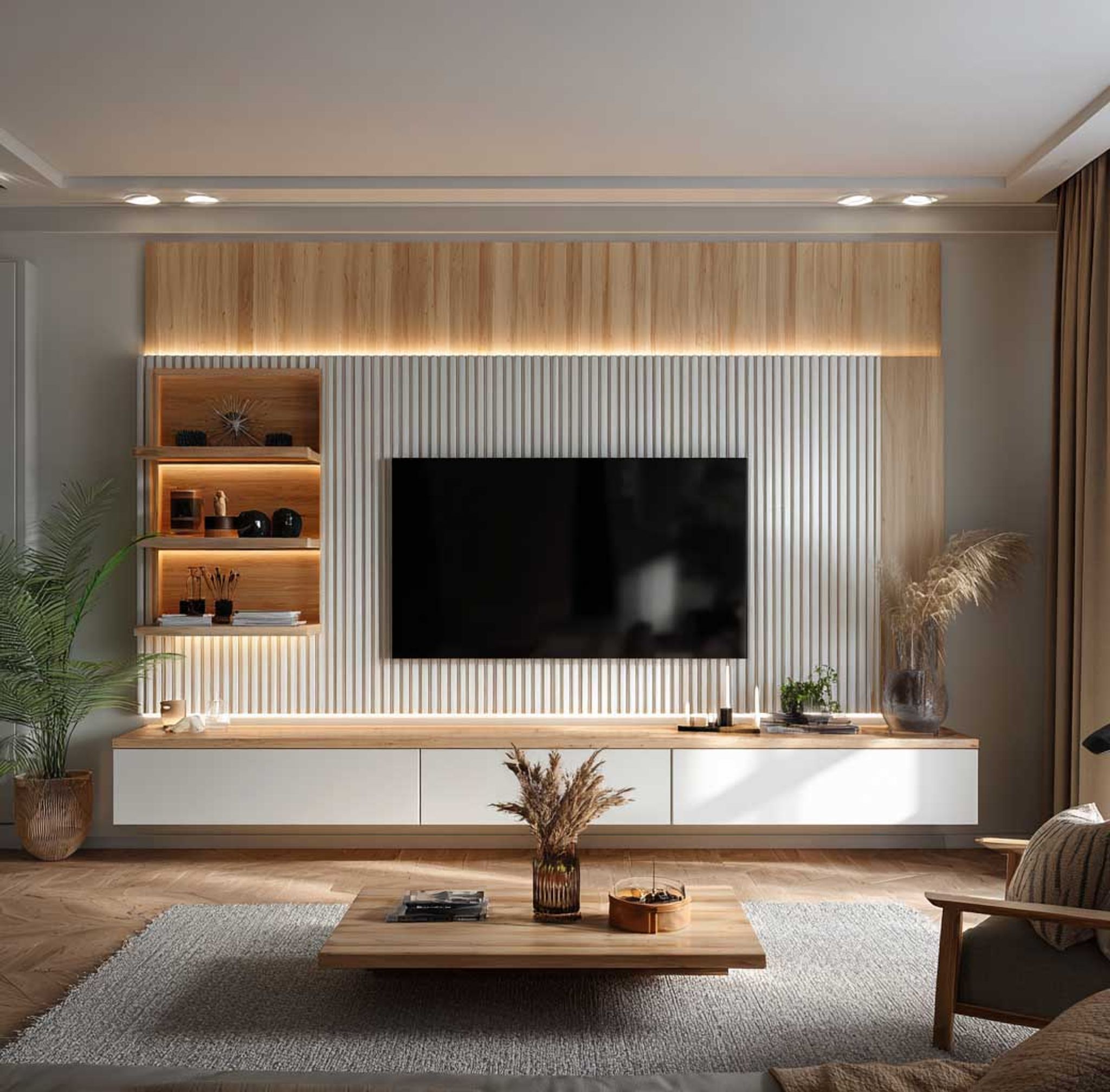 Contemporary TV Unit Design with Marble Backdrop and Hidden Storage ...