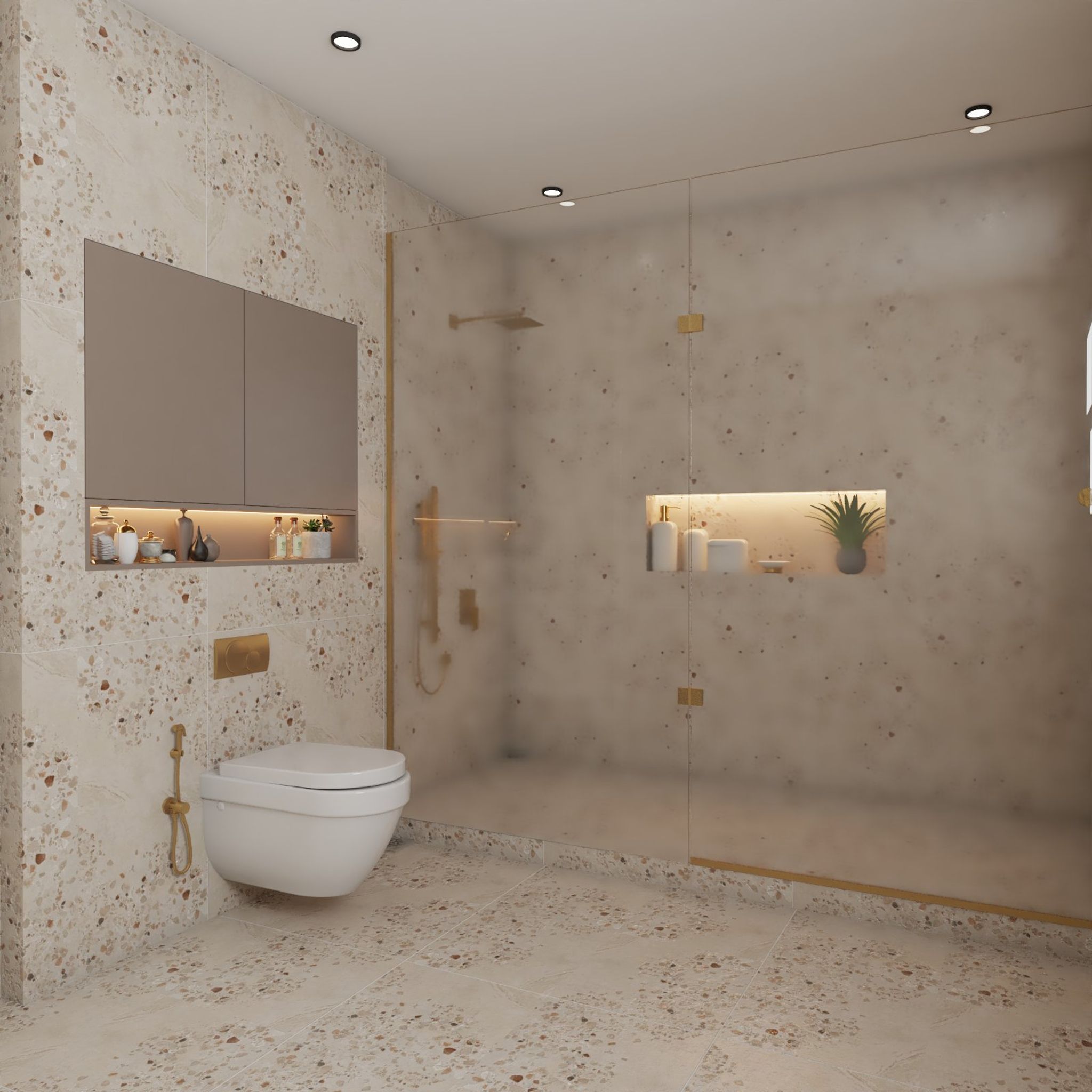 Spacious Modern Beige Bathroom Design Easy Care & Storage Livspace