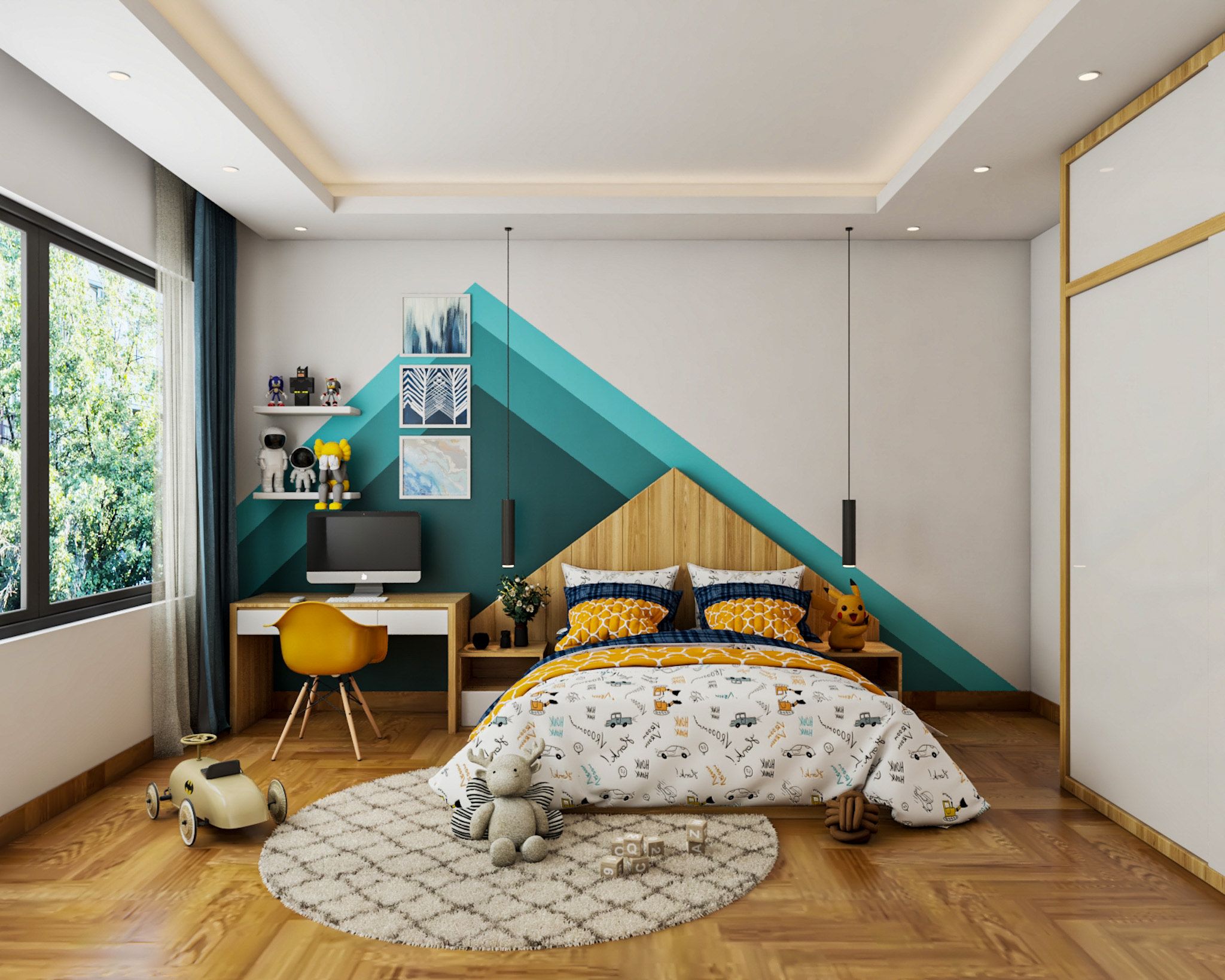 Spacious Kid's Bedroom Design With Wooden Flooring Livspace
