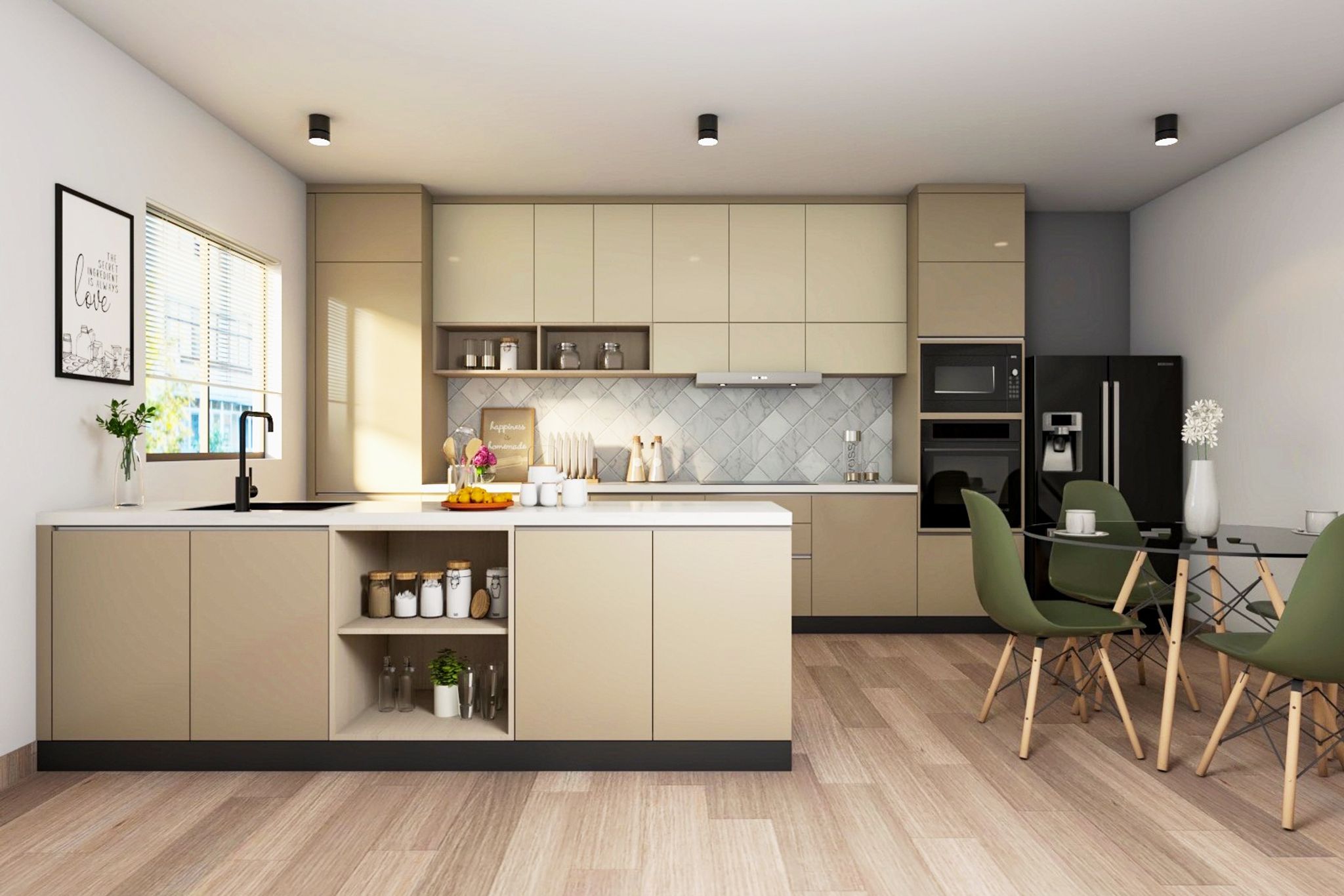 UShaped Beige And Light Brown Kitchen Design With Grey DadoTiles