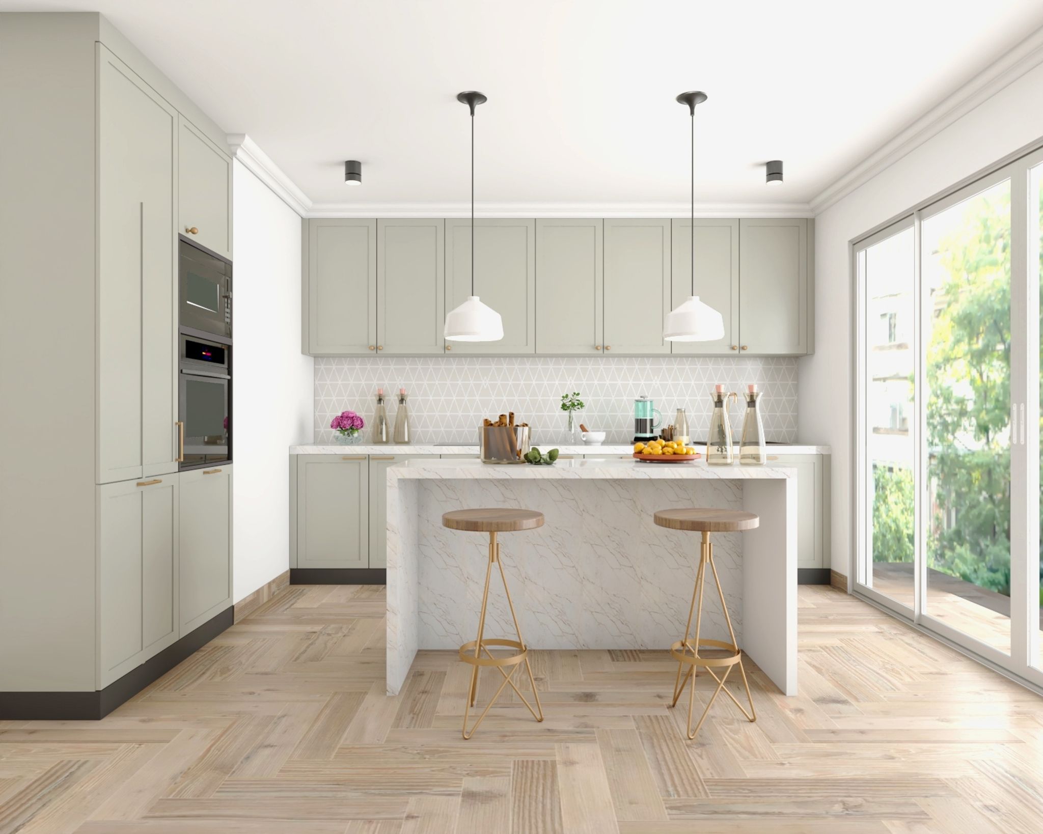 Grey Kitchen Island Design With PU Spray Painted Shutters | Livspace
