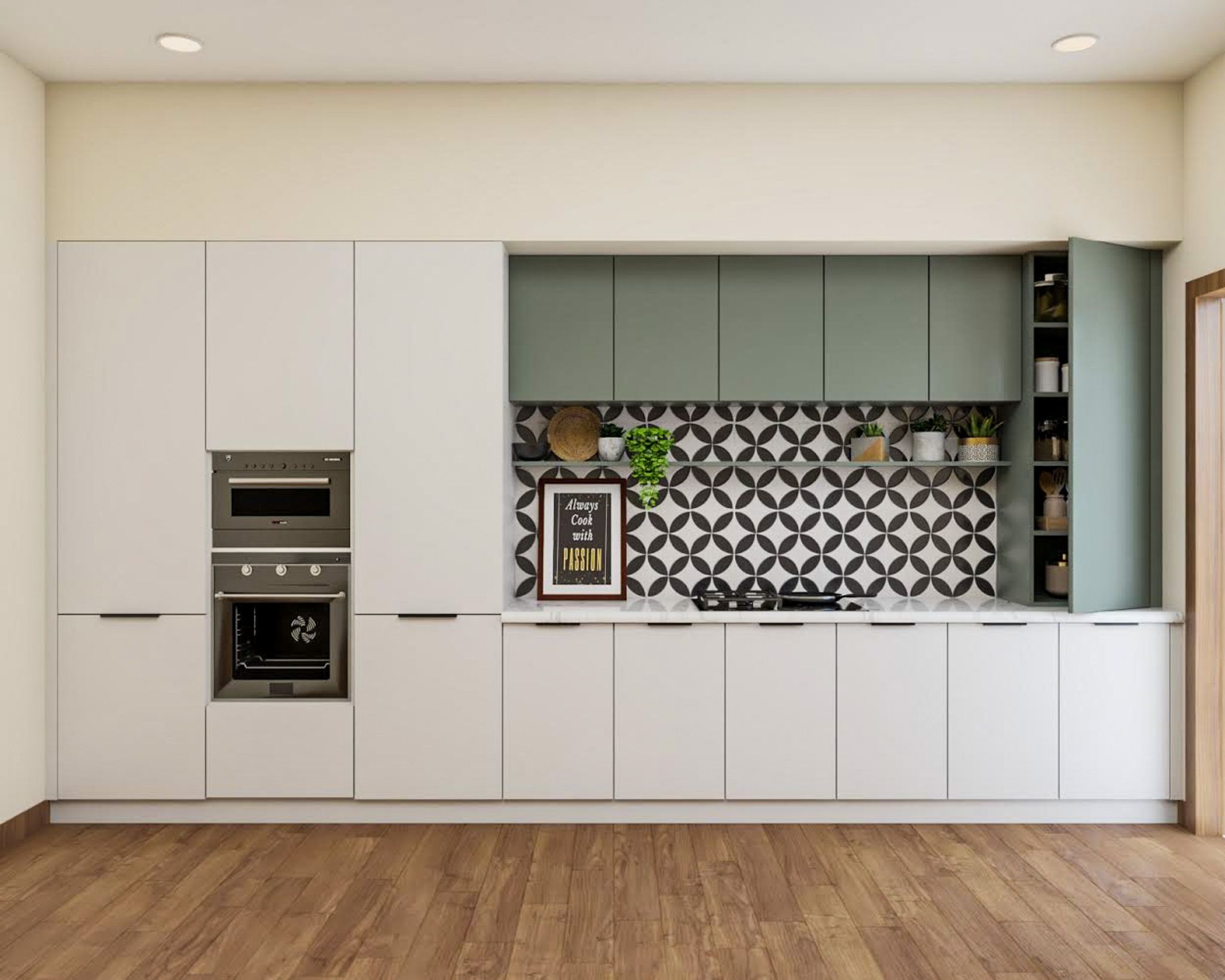 Kitchen Island Design With White And Olive Green Cabinets | Livspace
