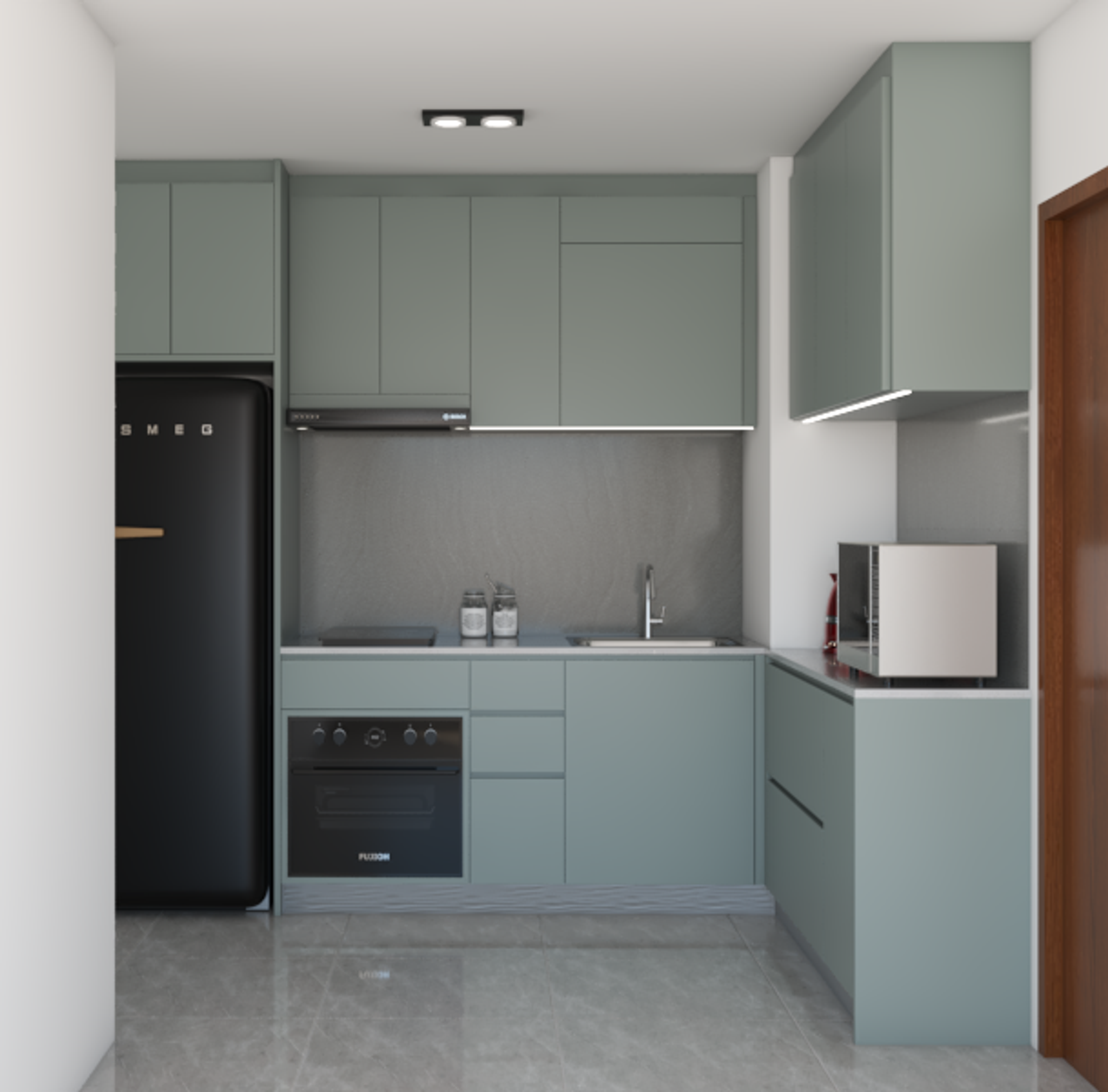 L-Shaped Kitchen Design With Contemporary Green Cabinets | Livspace