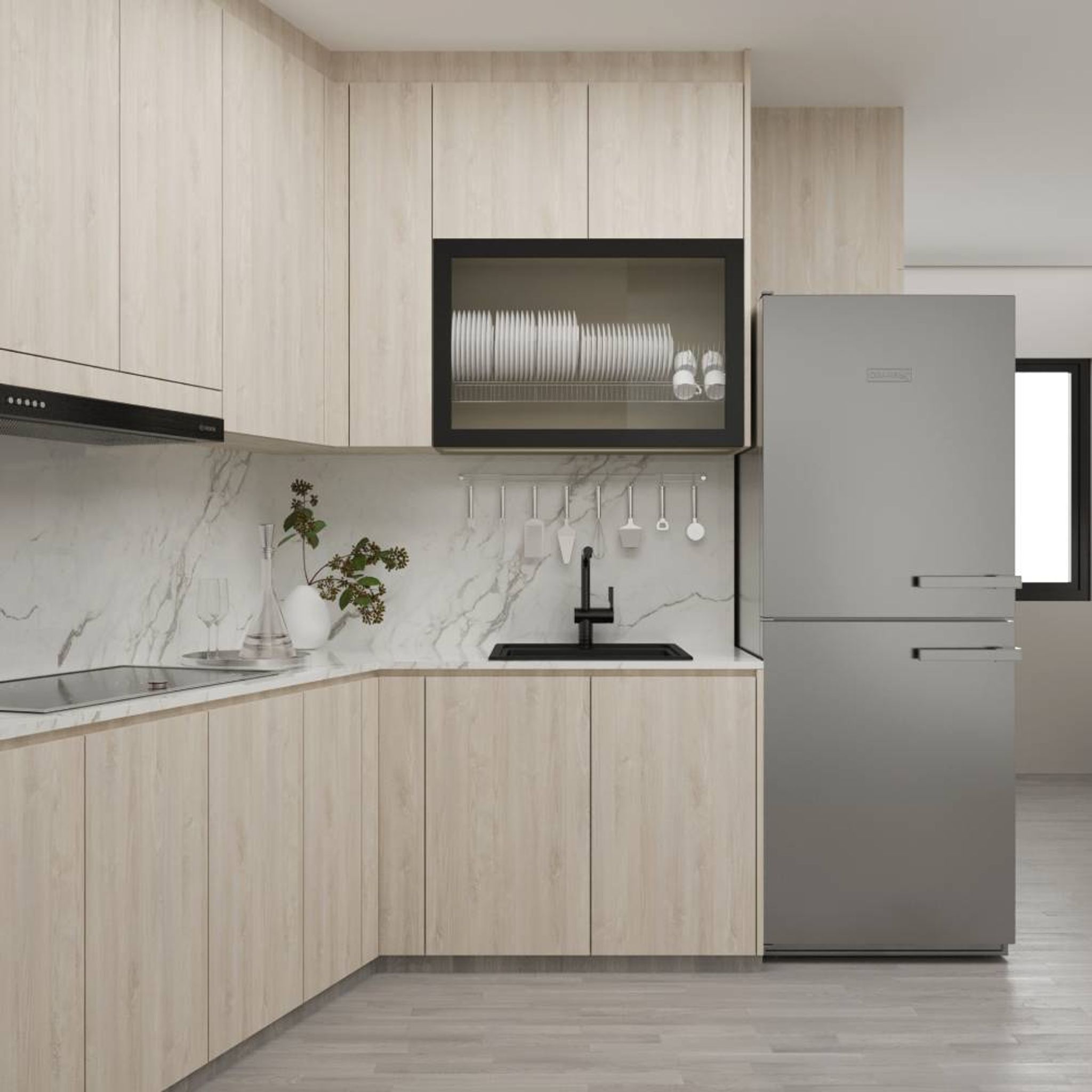L-Shaped Light Wood Kitchen Design With White Countertop | Livspace